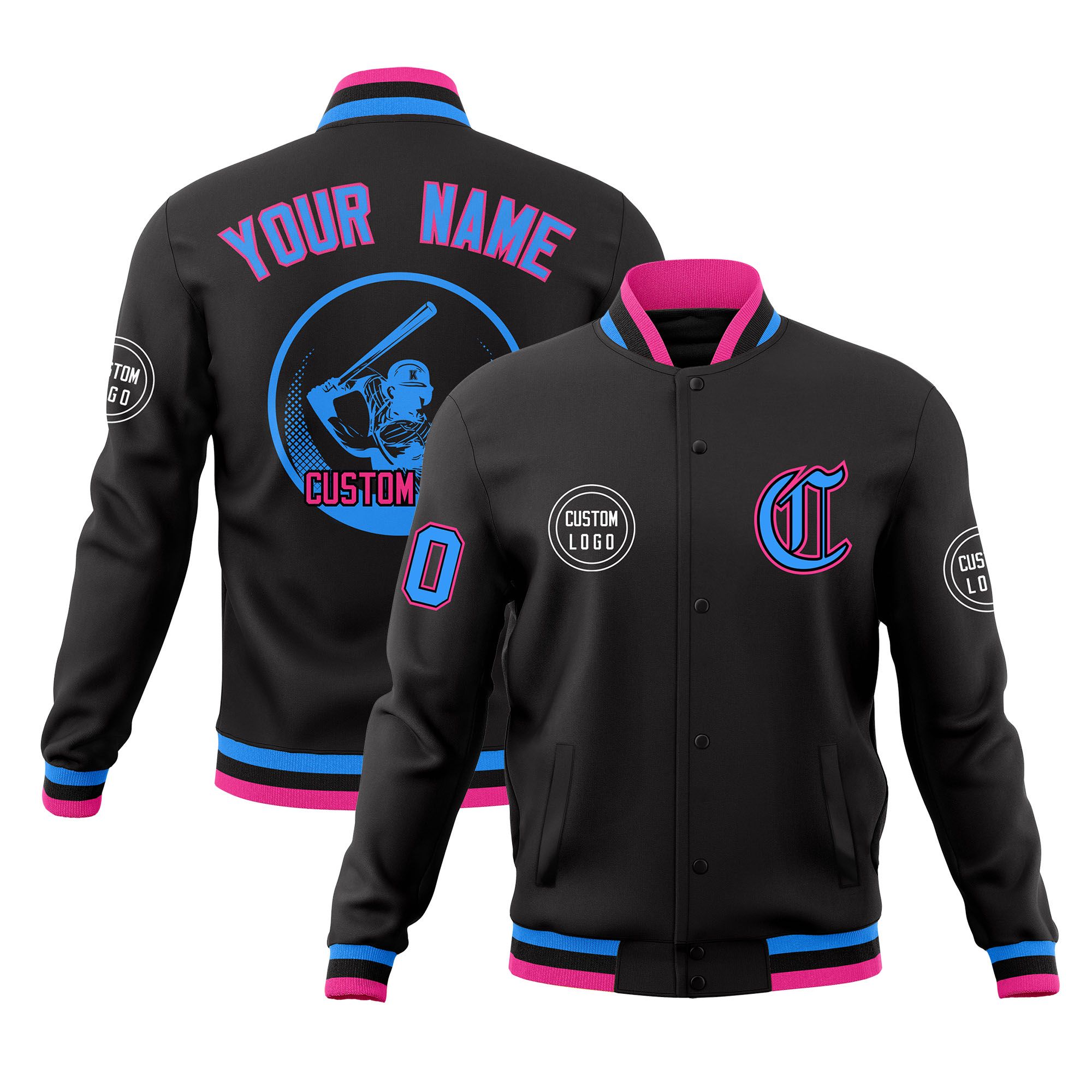 Custom Black Full-Snap Varsity Personalized Letterman Baseball Coats Jacket