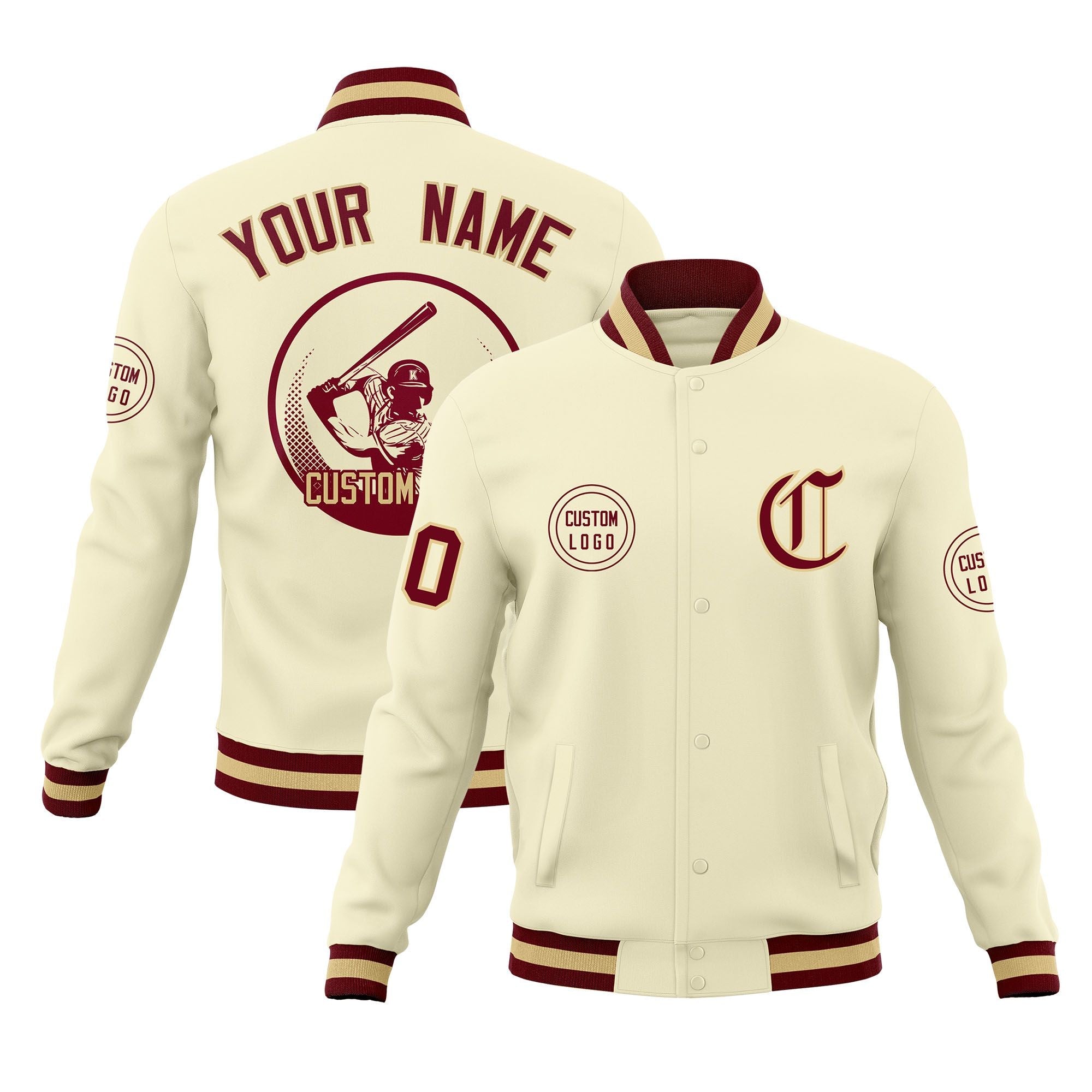 Custom Cream Full-Snap Varsity Personalized Letterman Baseball Coats Jacket