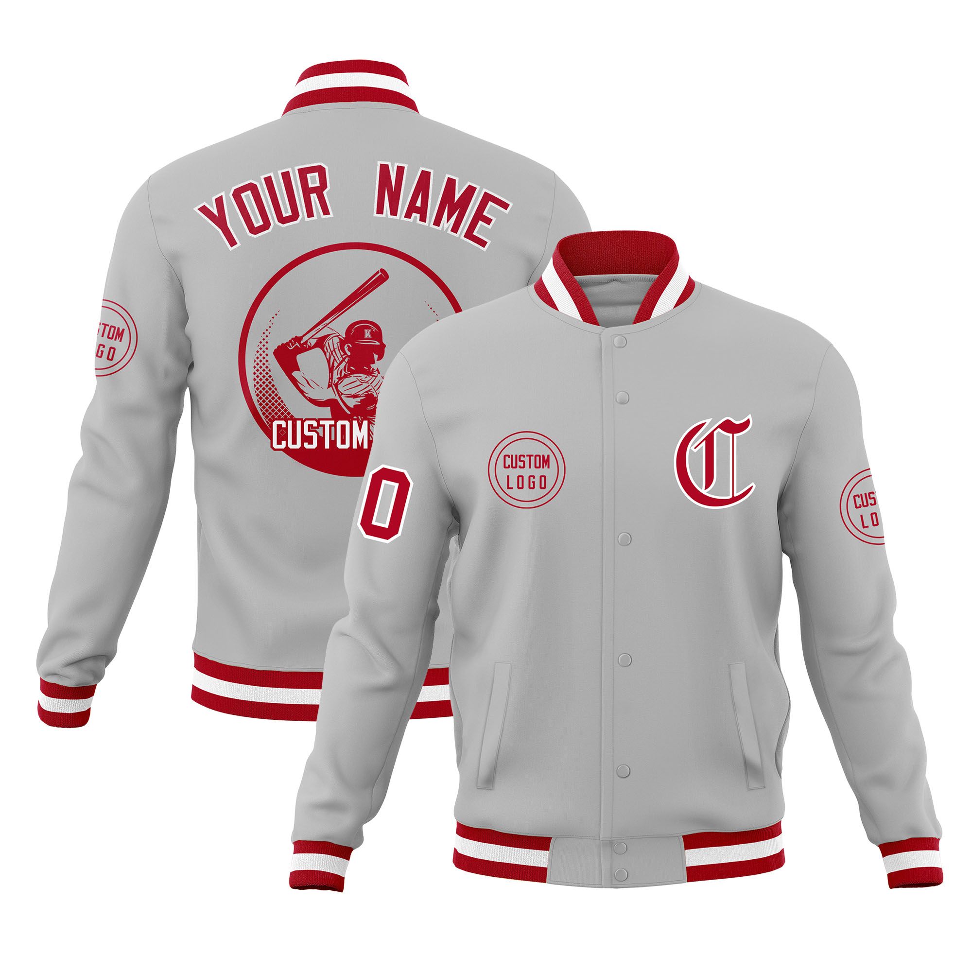 Custom Gray Full-Snap Varsity Personalized Letterman Baseball Coats Jacket