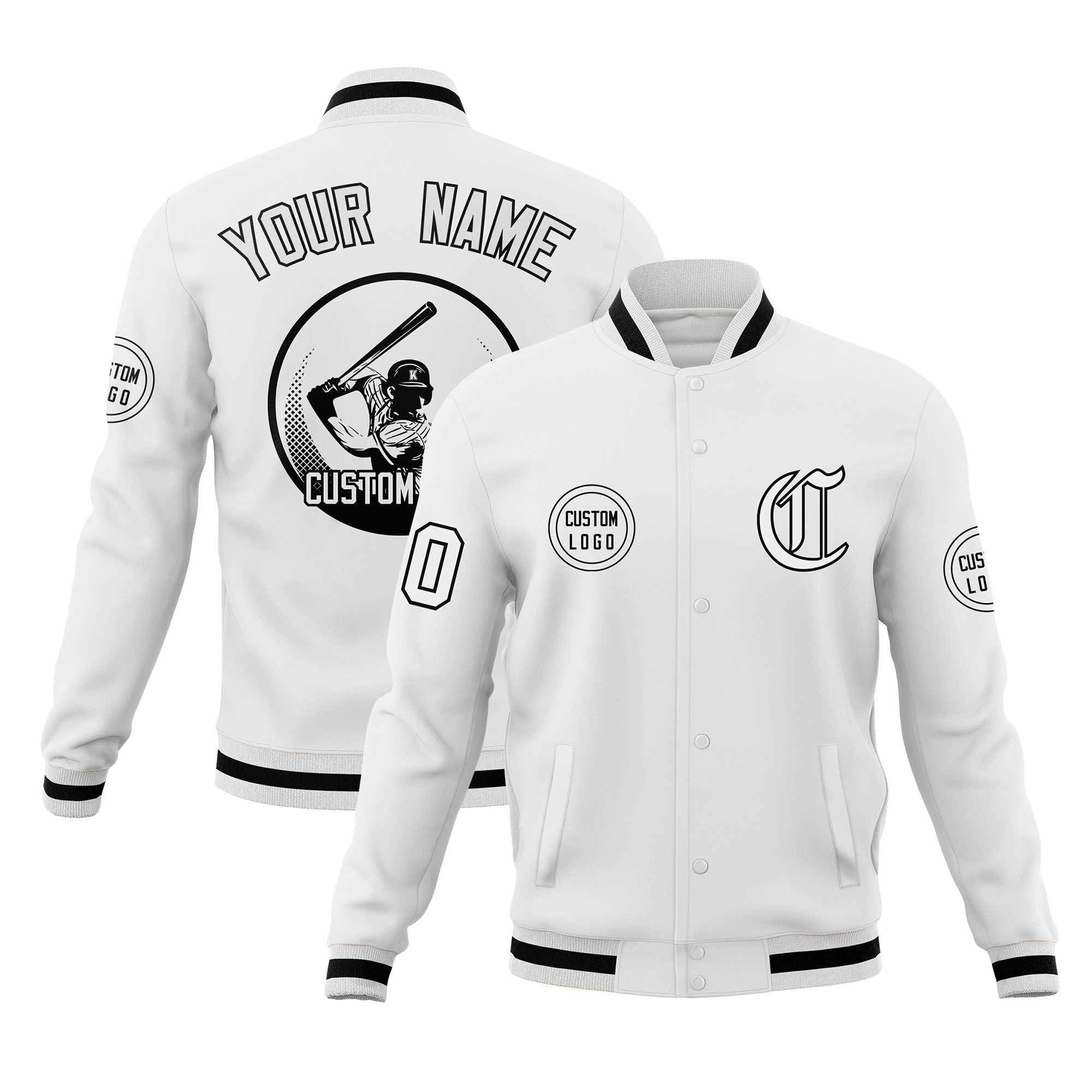 Custom White Full-Snap Varsity Personalized Letterman Baseball Coats Jacket