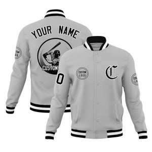 Custom Gray Full-Snap Varsity Personalized Letterman Baseball Coats Jacket