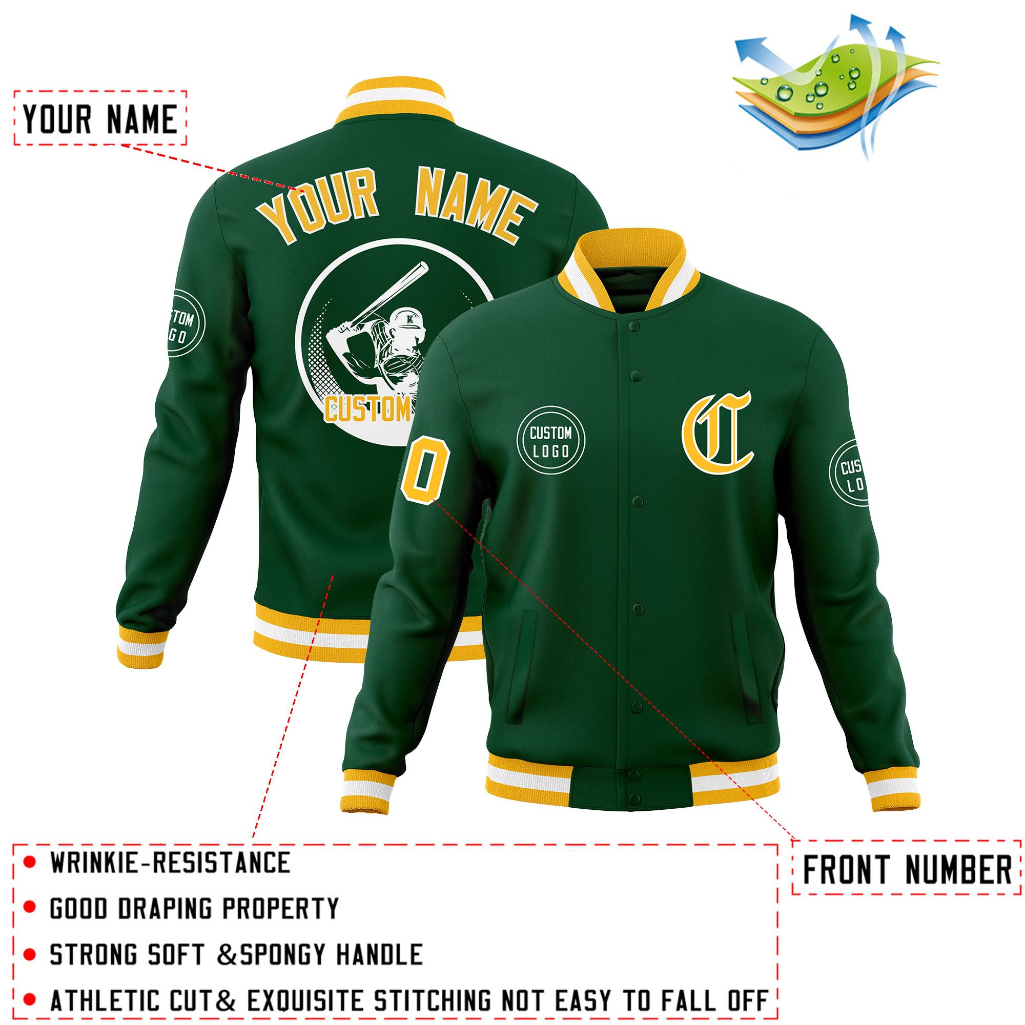 Custom Green Full-Snap Varsity Personalized Letterman Baseball Coats Jacket