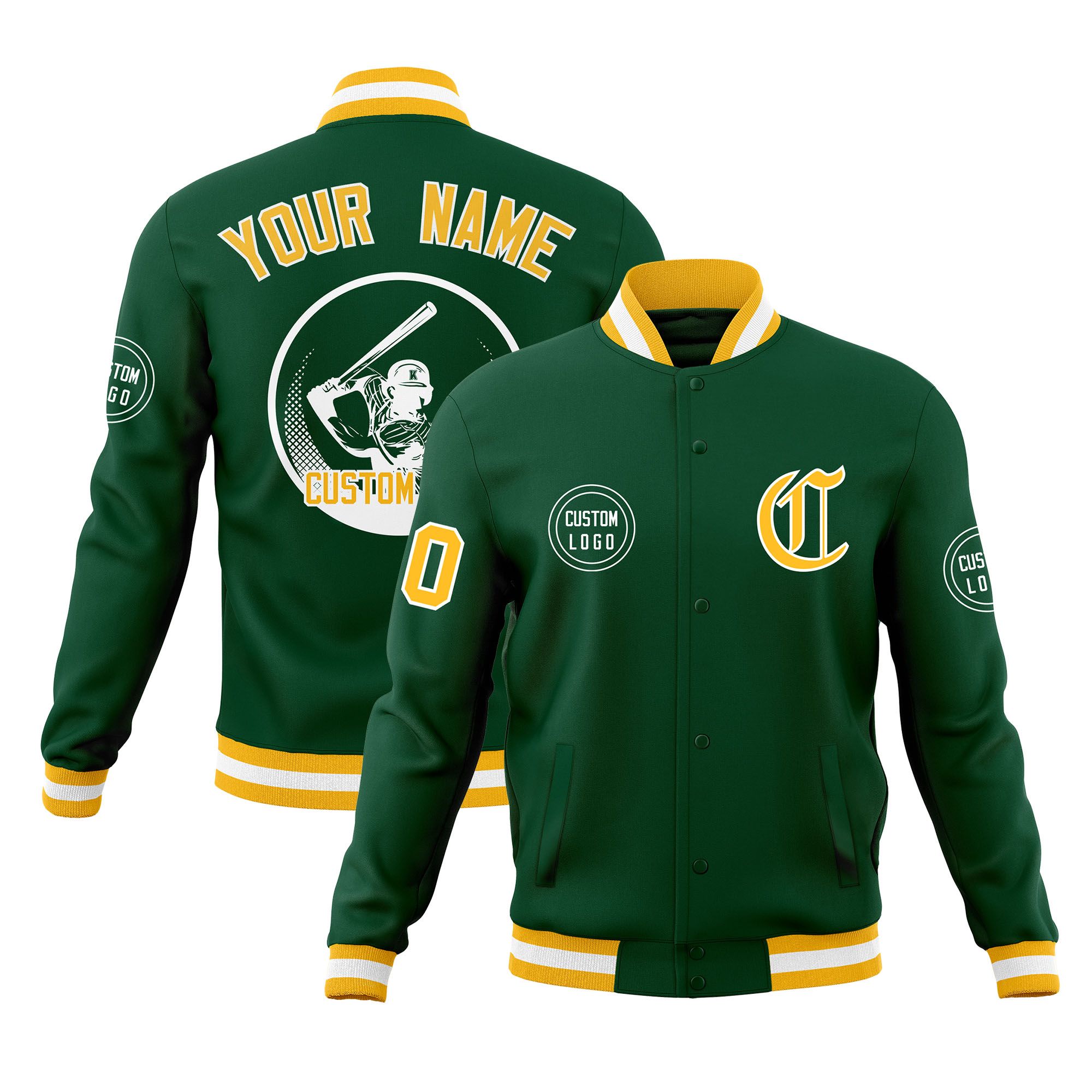 Custom Green Full-Snap Varsity Personalized Letterman Baseball Coats Jacket