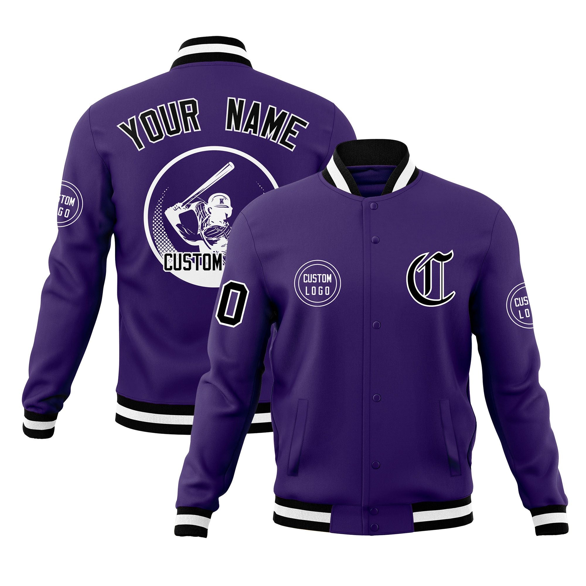 Custom Purple Full-Snap Varsity Personalized Letterman Baseball Coats Jacket