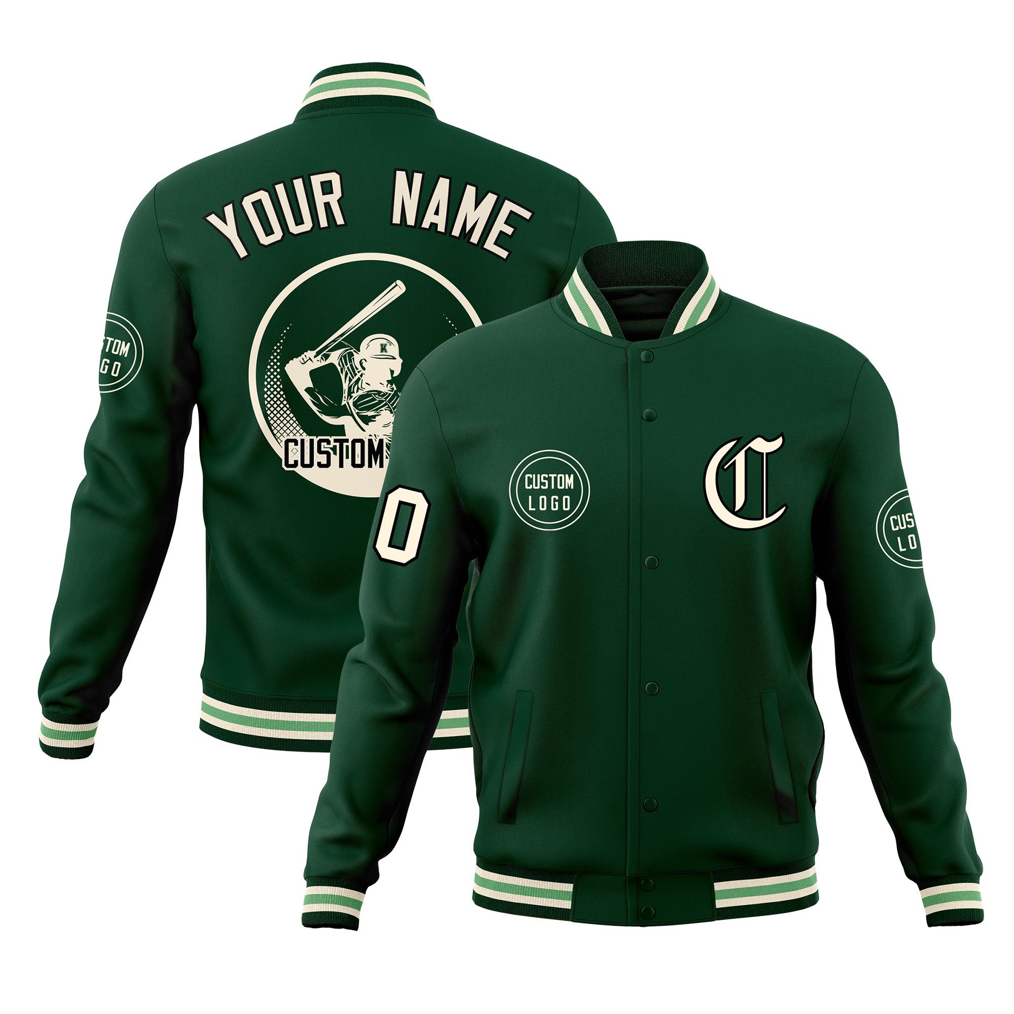 Custom Green Full-Snap Varsity Personalized Letterman Baseball Coats Jacket