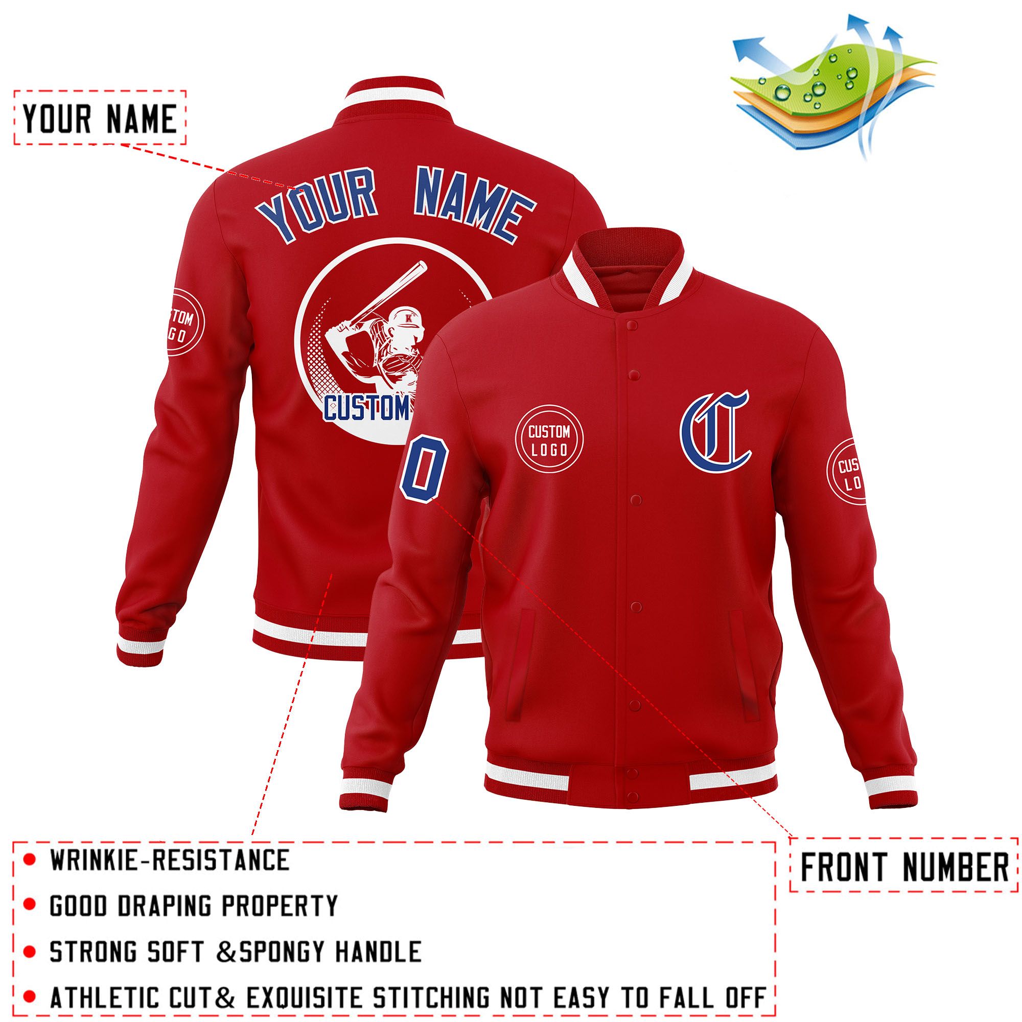 Custom Red Full-Snap Varsity Personalized Letterman Baseball Coats Jacket