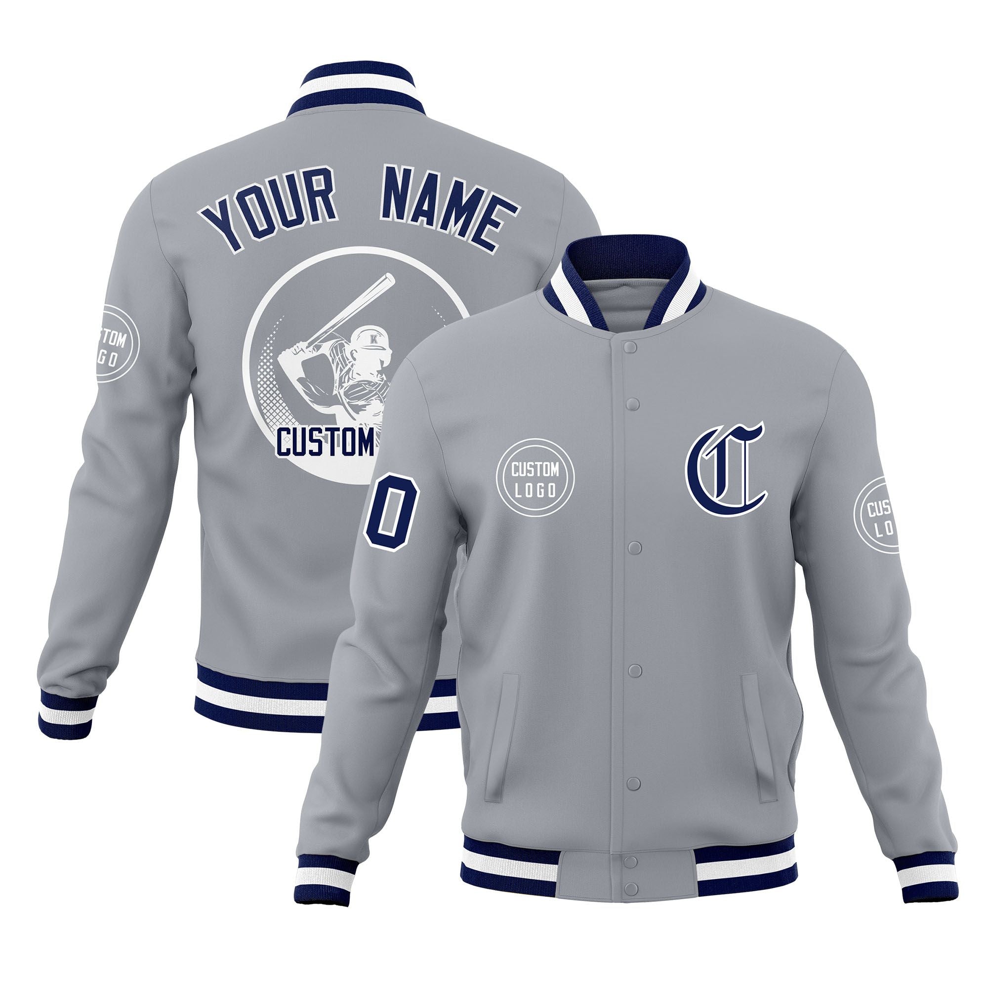 Custom Gray Full-Snap Varsity Personalized Letterman Baseball Coats Jacket