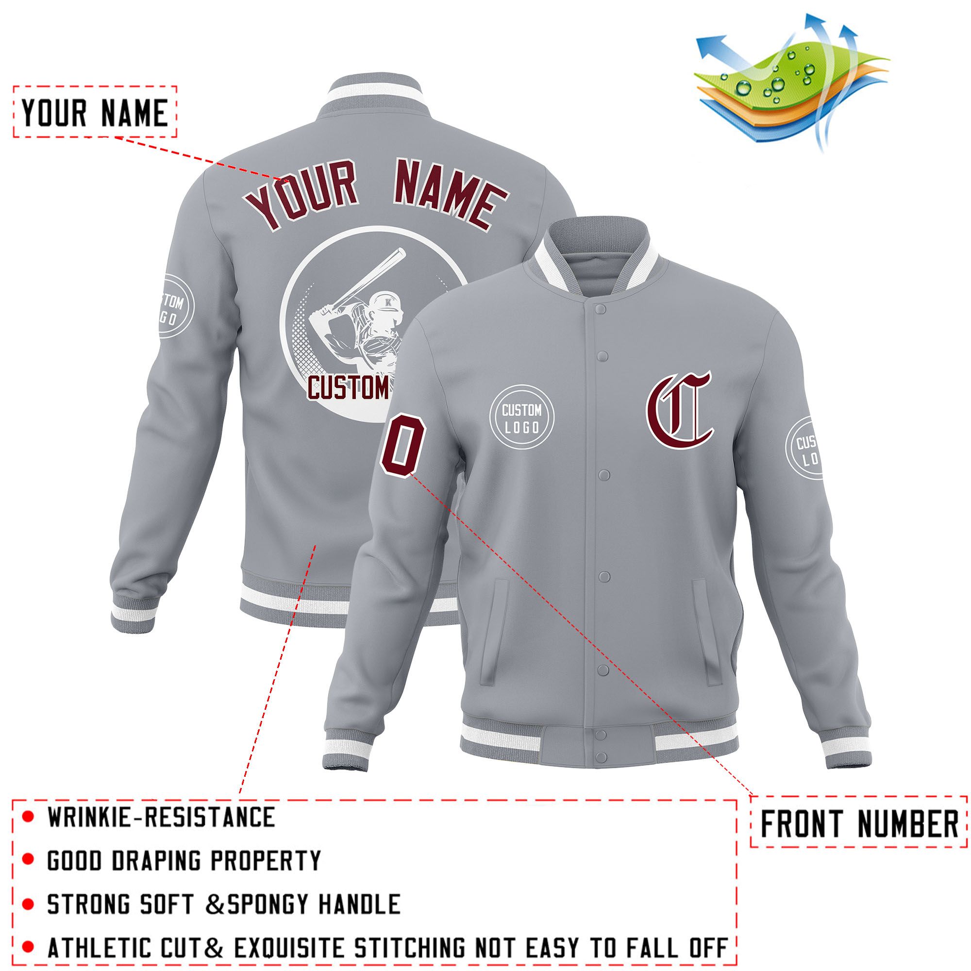 Custom Gray Full-Snap Varsity Personalized Letterman Baseball Coats Jacket