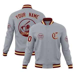 Custom Gray Full-Snap Varsity Personalized Letterman Baseball Coats Jacket