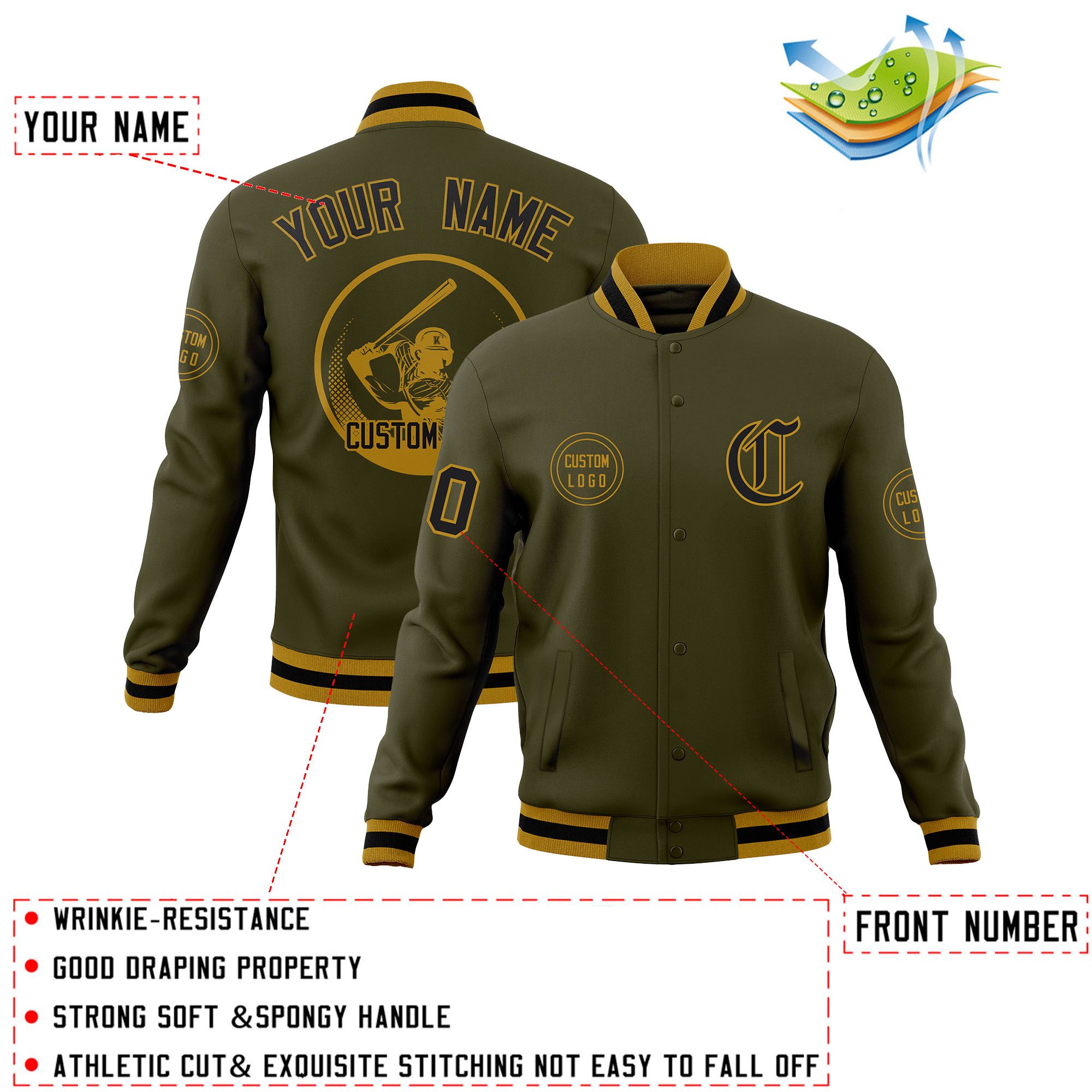 Custom Olive Full-Snap Varsity Personalized Letterman Baseball Coats Jacket