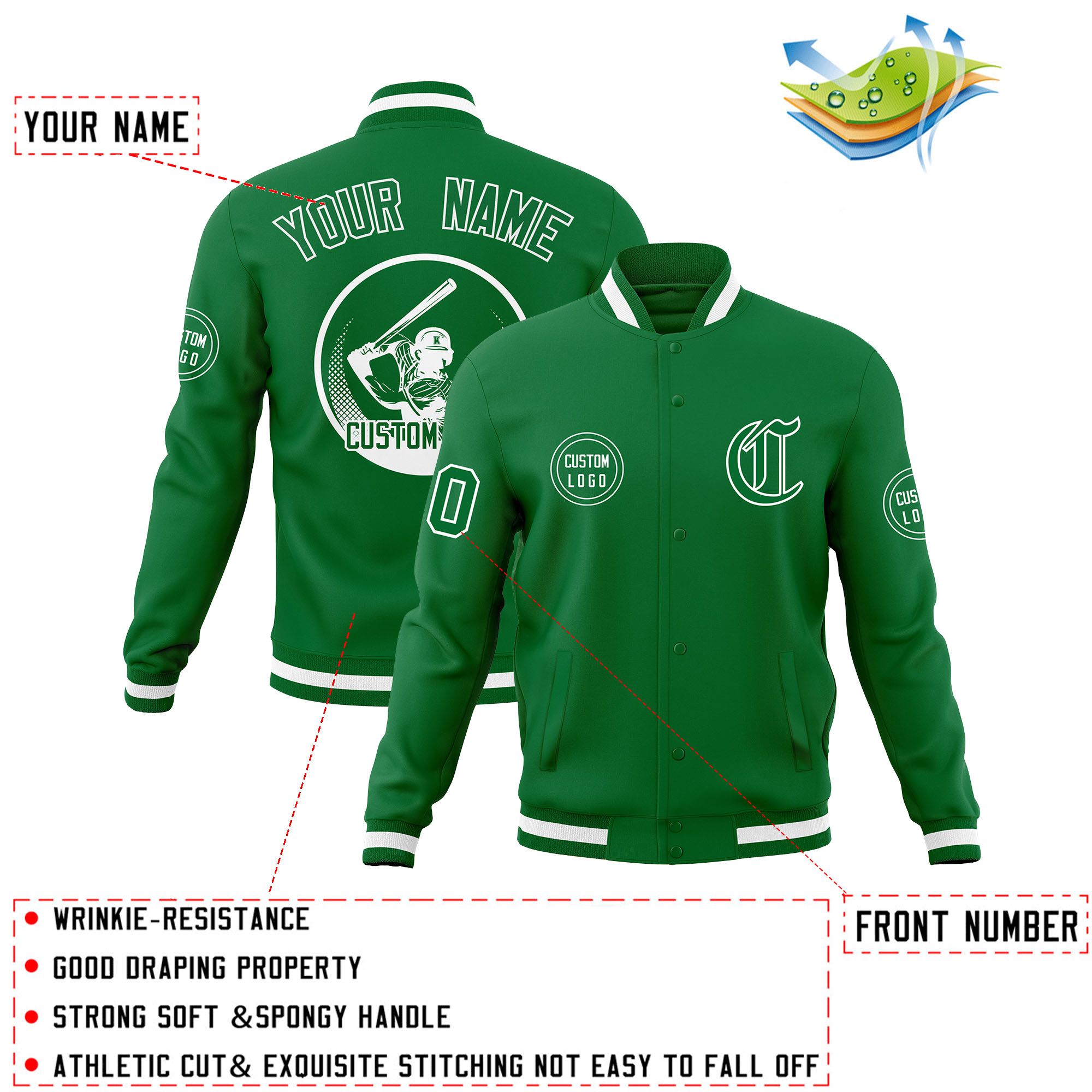 Custom Kelly Green Full-Snap Varsity Personalized Letterman Baseball Coats Jacket