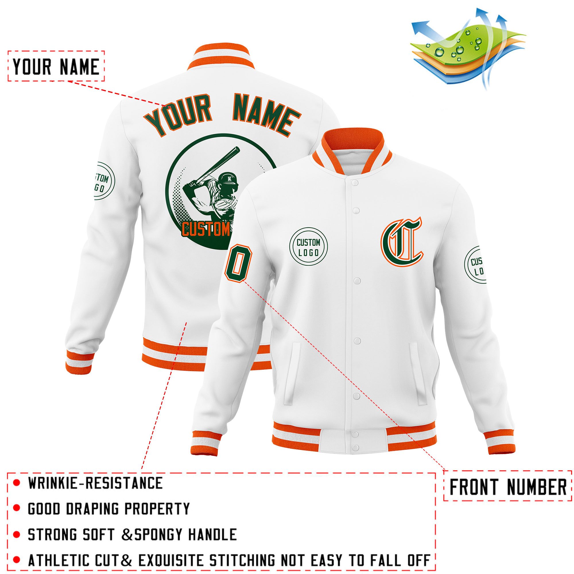 Custom White Full-Snap Varsity Personalized Letterman Baseball Coats Jacket