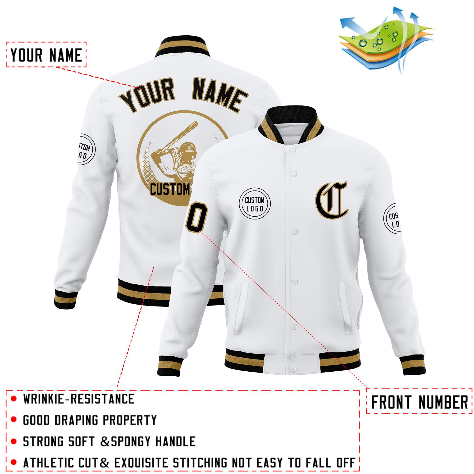 Custom White Full-Snap Varsity Personalized Letterman Baseball Coats Jacket