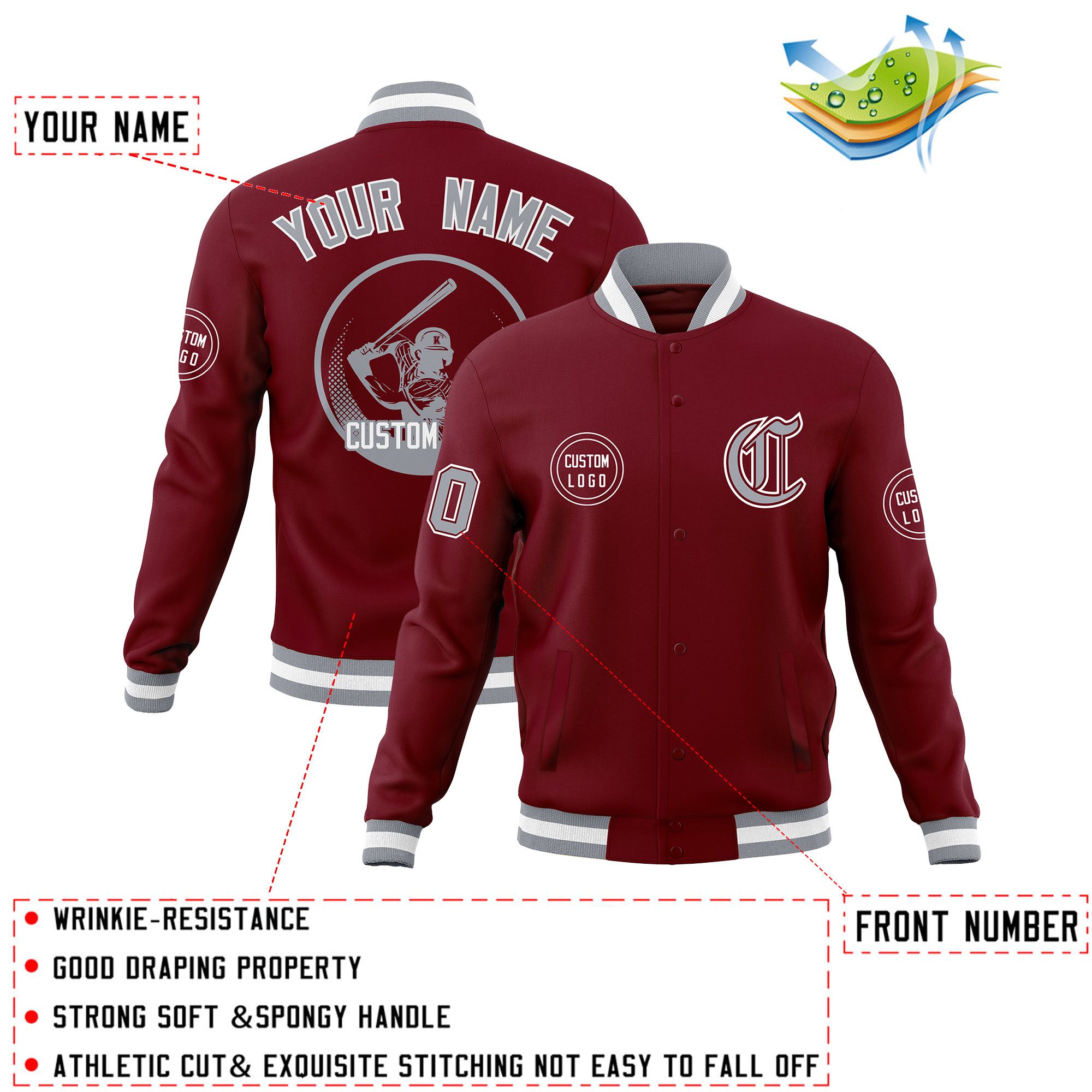 Custom Crimson Full-Snap Varsity Personalized Letterman Baseball Coats Jacket