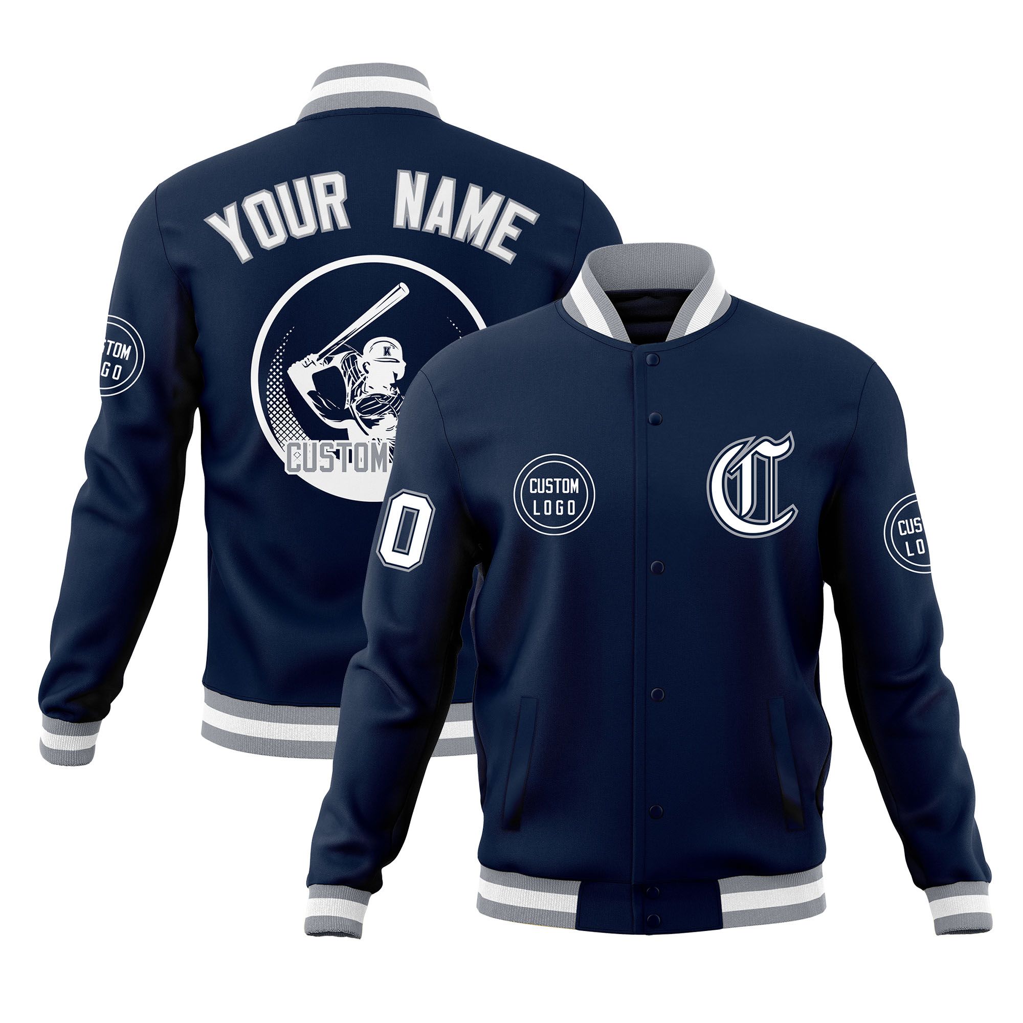 Custom Navy Full-Snap Varsity Personalized Letterman Baseball Coats Jacket