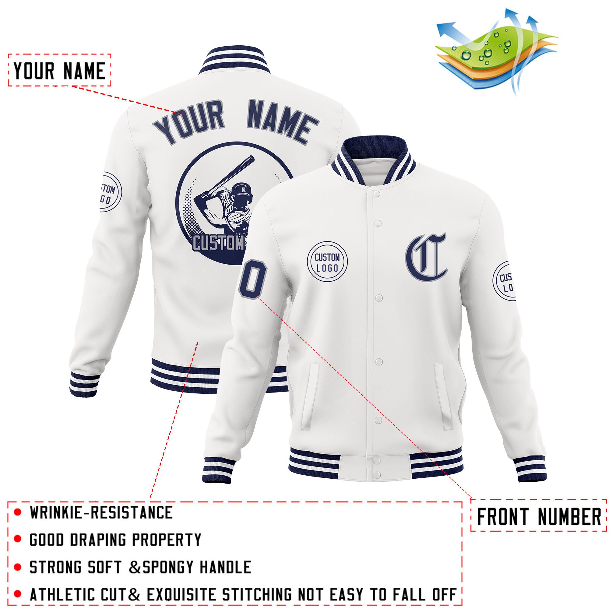 Custom White Full-Snap Varsity Personalized Letterman Baseball Coats Jacket