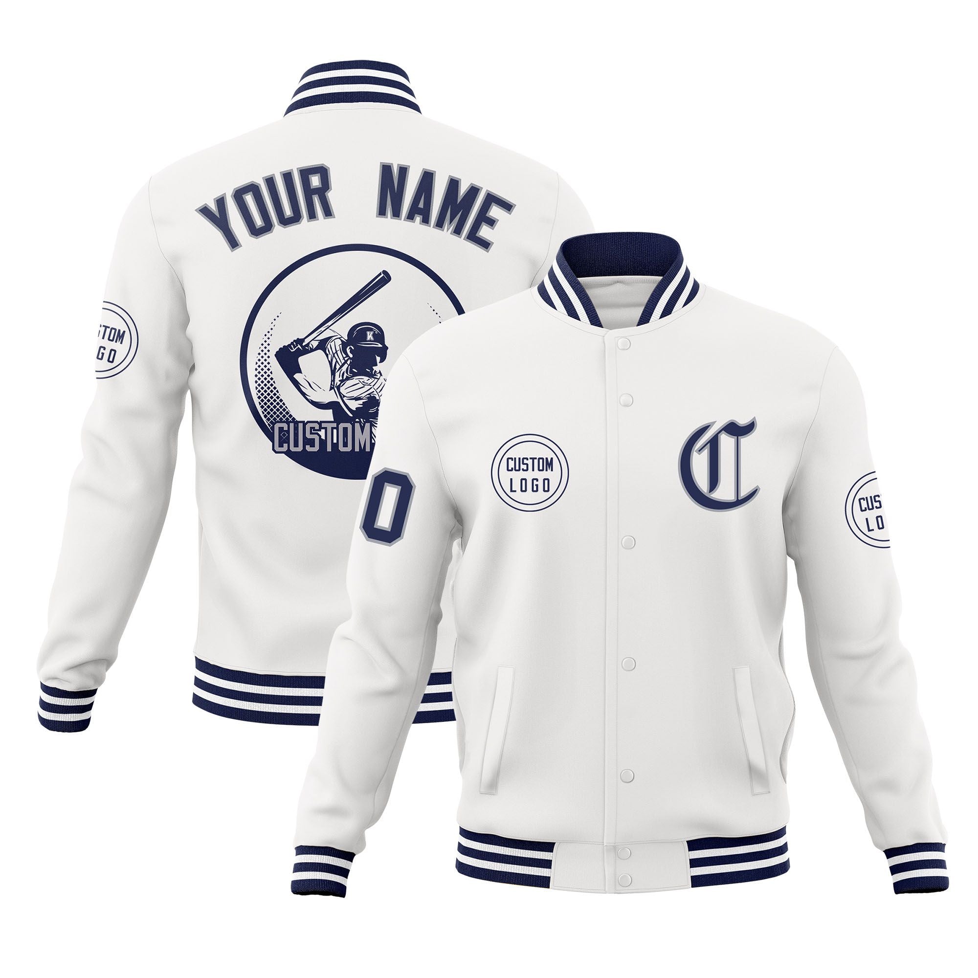 Custom White Full-Snap Varsity Personalized Letterman Baseball Coats Jacket