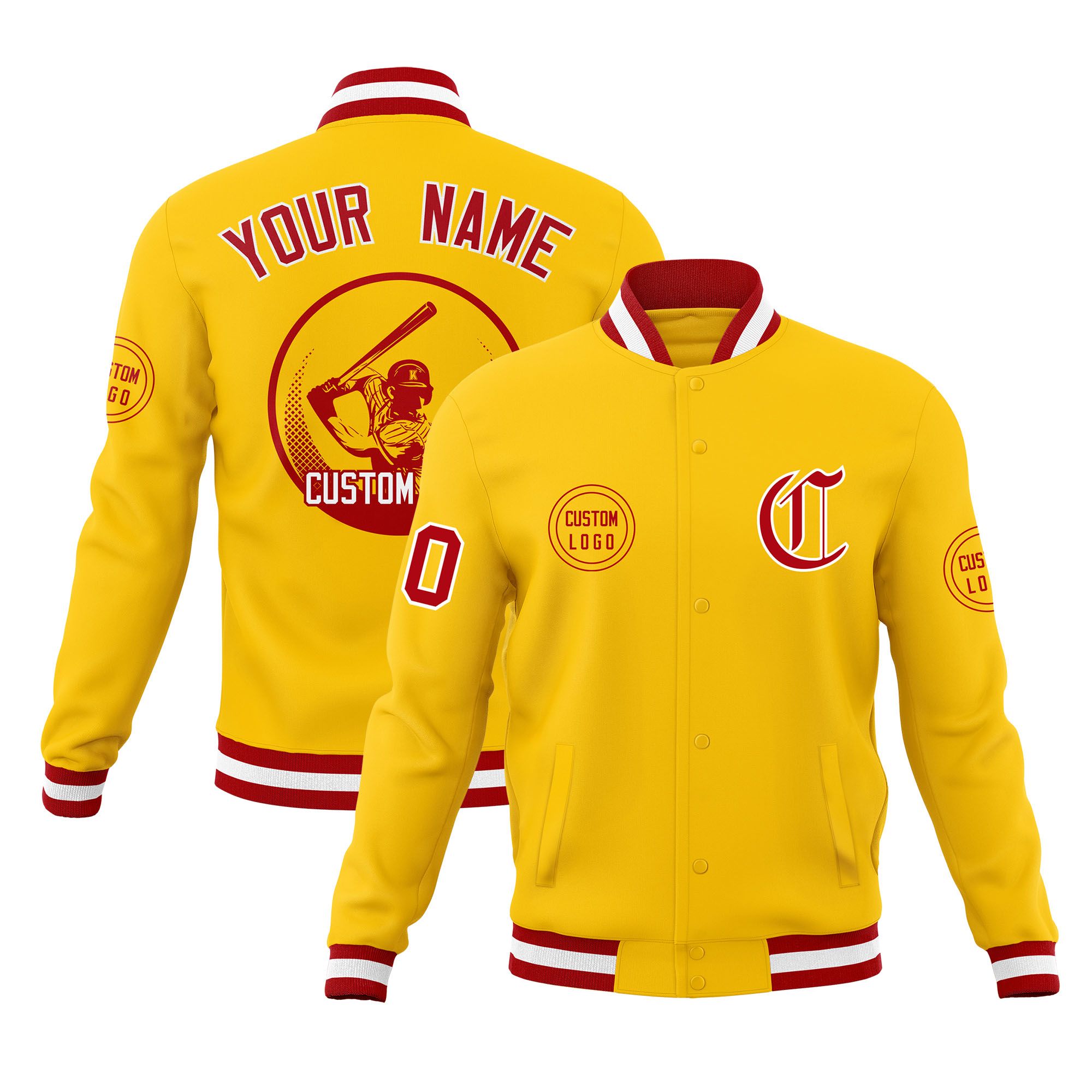 Custom Gold Full-Snap Varsity Personalized Letterman Baseball Coats Jacket