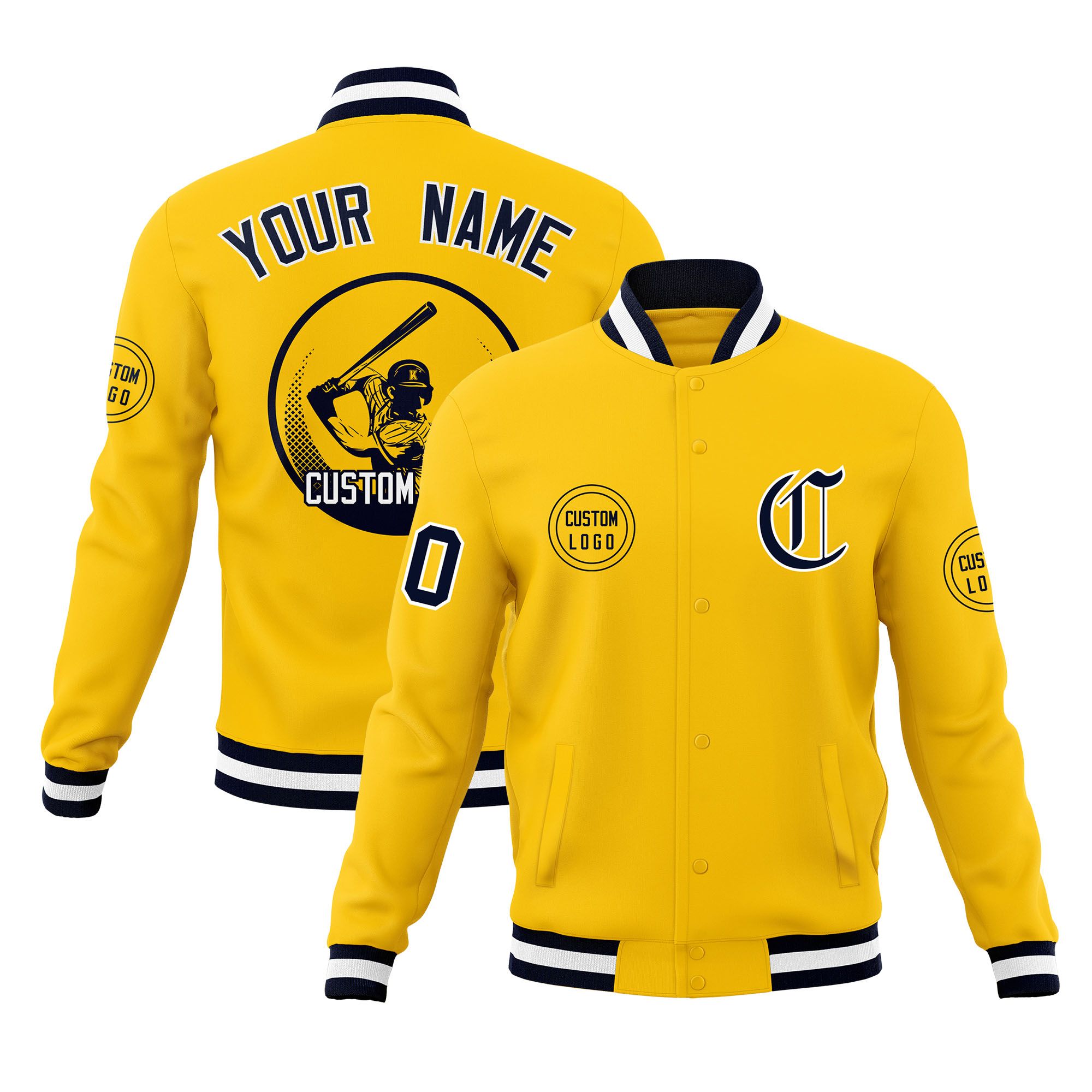 Custom Gold Full-Snap Varsity Personalized Letterman Baseball Coats Jacket