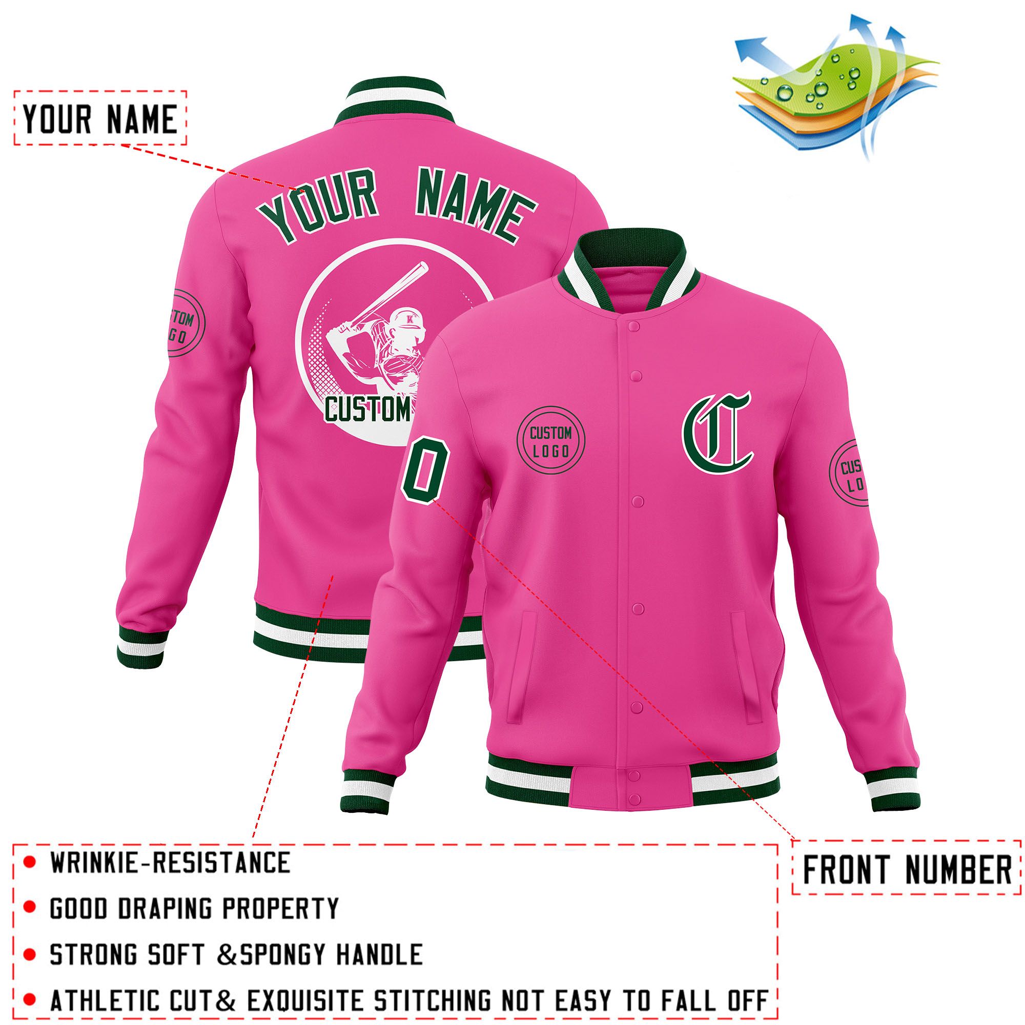 Custom Pink Full-Snap Varsity Personalized Letterman Baseball Coats Jacket