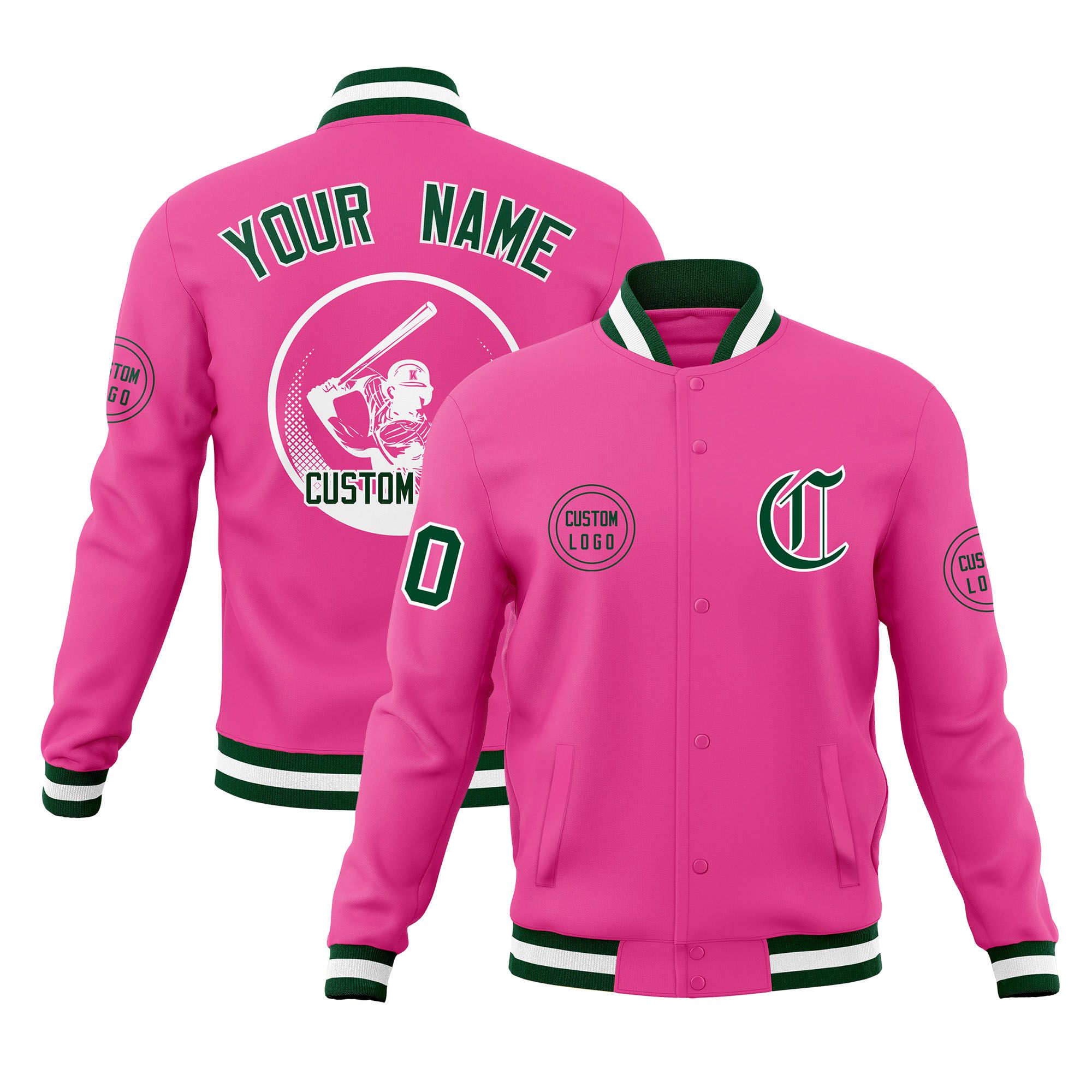 Custom Pink Full-Snap Varsity Personalized Letterman Baseball Coats Jacket