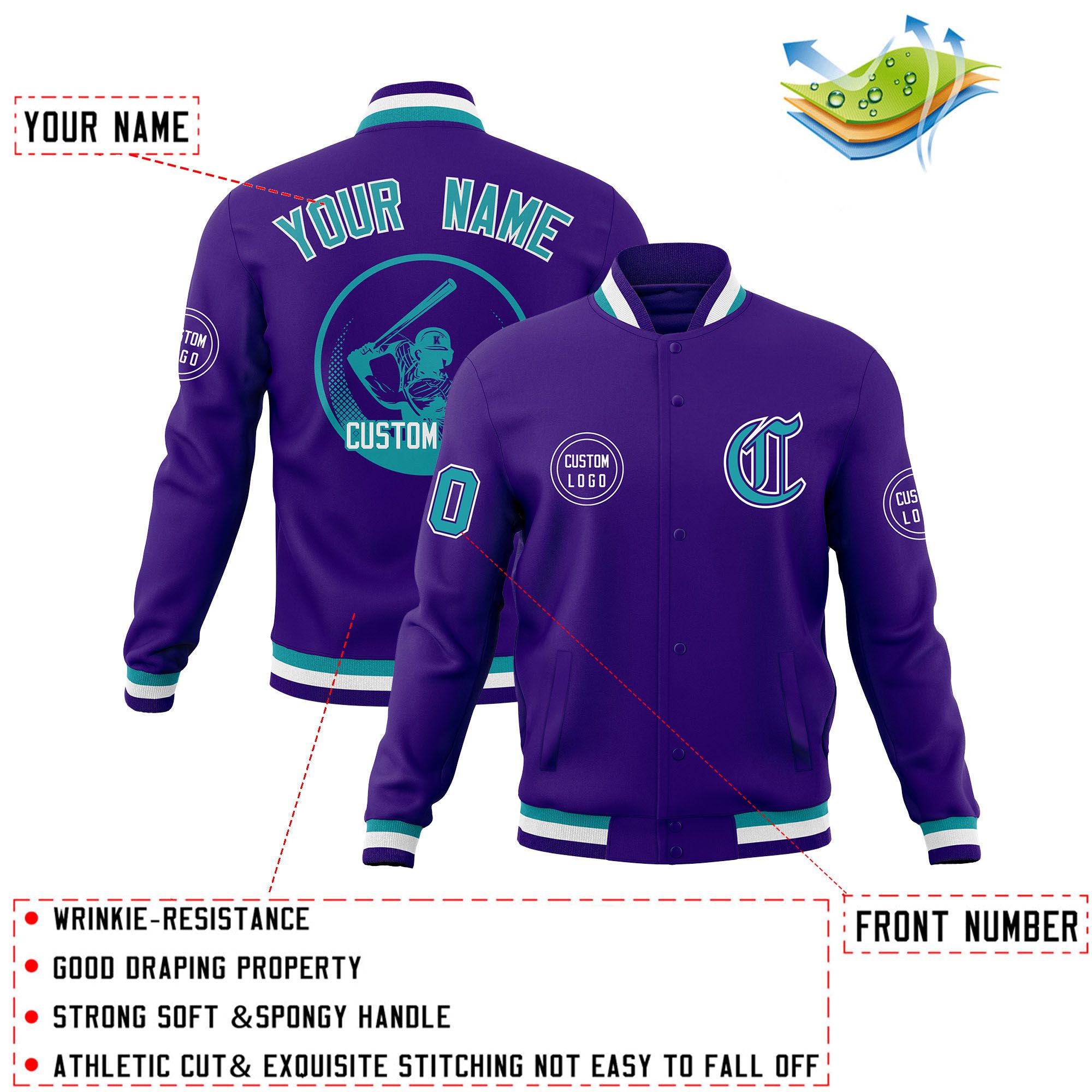 Custom Purple Full-Snap Varsity Personalized Letterman Baseball Coats Jacket