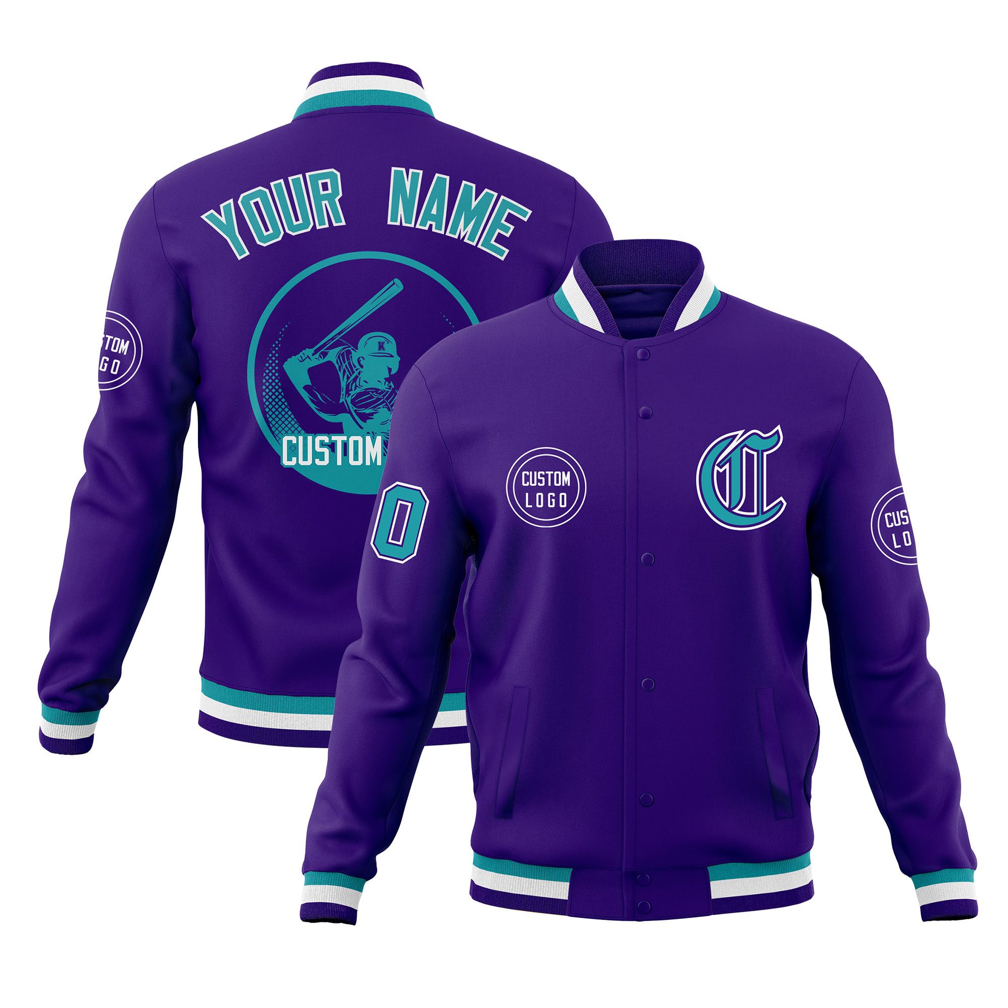 Custom Purple Full-Snap Varsity Personalized Letterman Baseball Coats Jacket