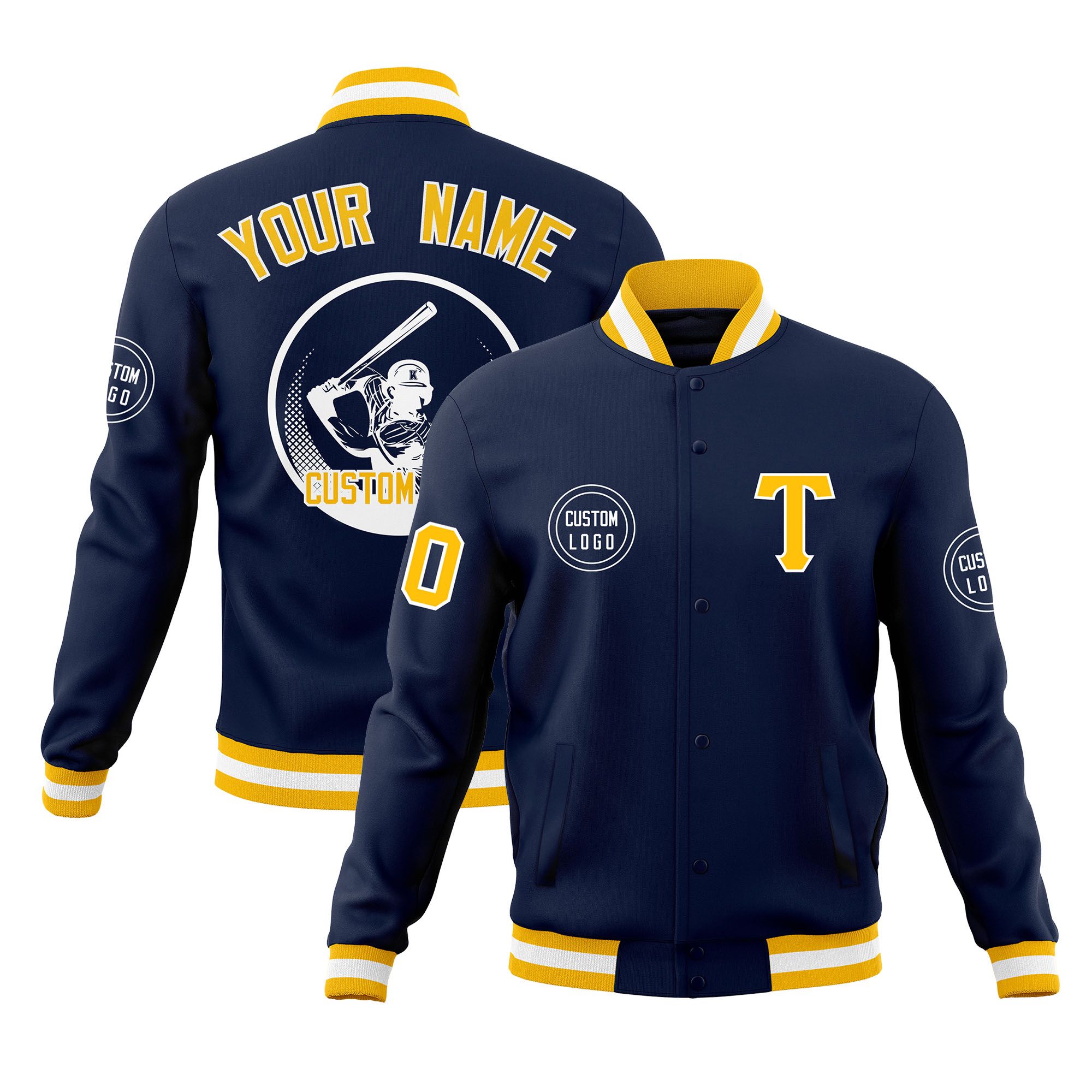 Custom Navy Full-Snap Varsity Personalized Letterman Baseball Coats Jacket