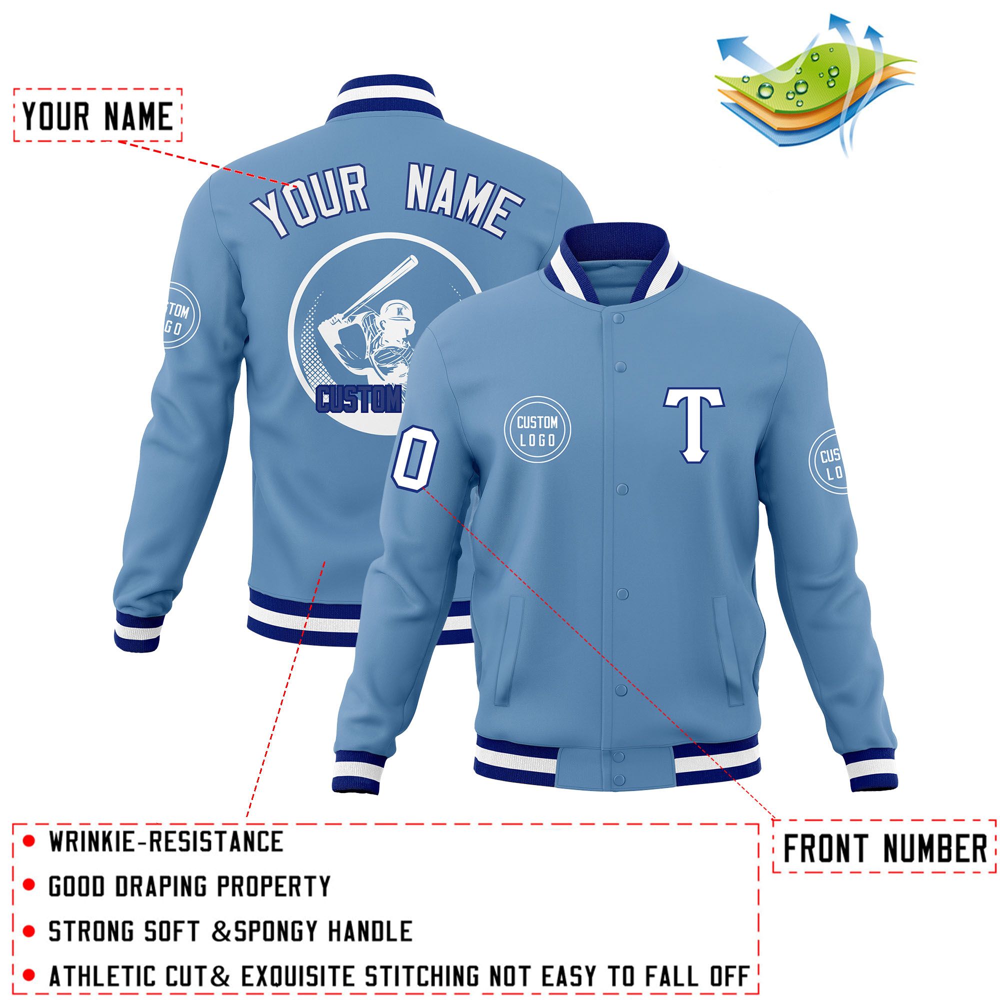 Custom Powder Blue Full-Snap Varsity Personalized Letterman Baseball Coats Jacket