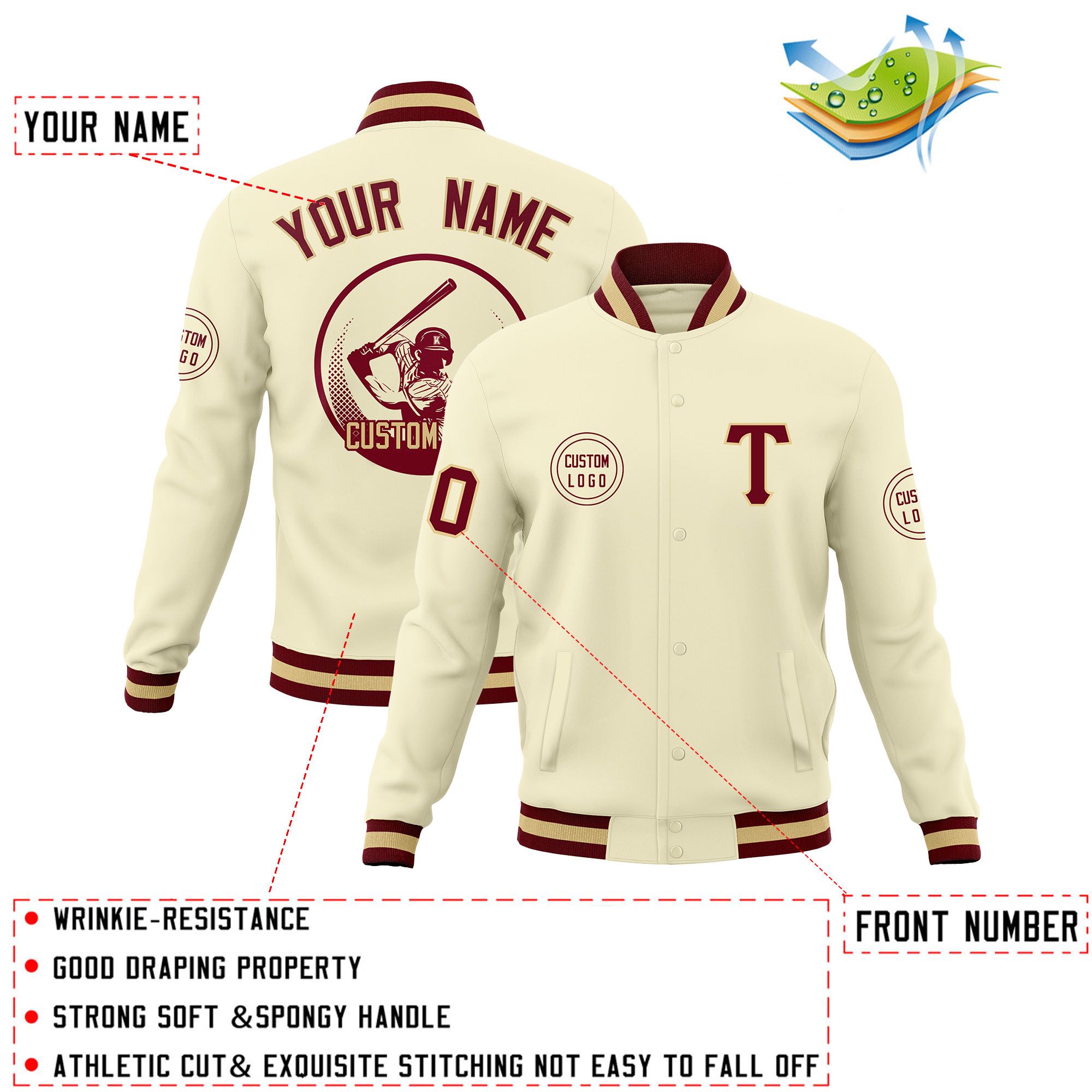 Custom Cream Full-Snap Varsity Personalized Letterman Baseball Coats Jacket