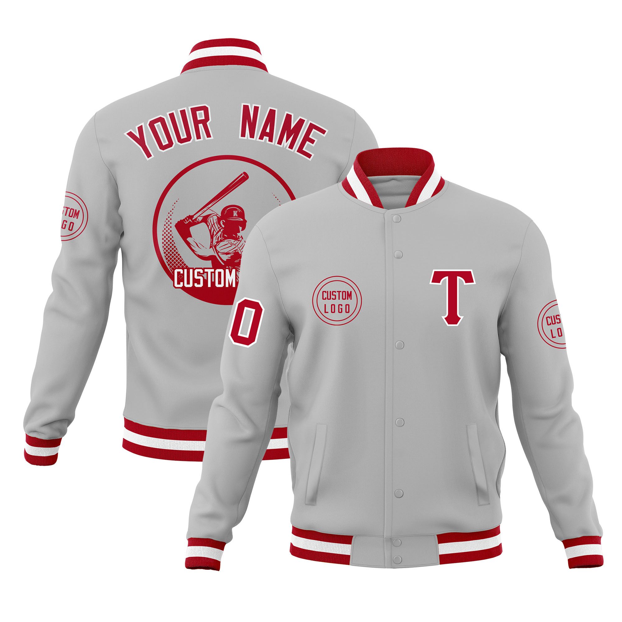 Custom Gray Full-Snap Varsity Personalized Letterman Baseball Coats Jacket