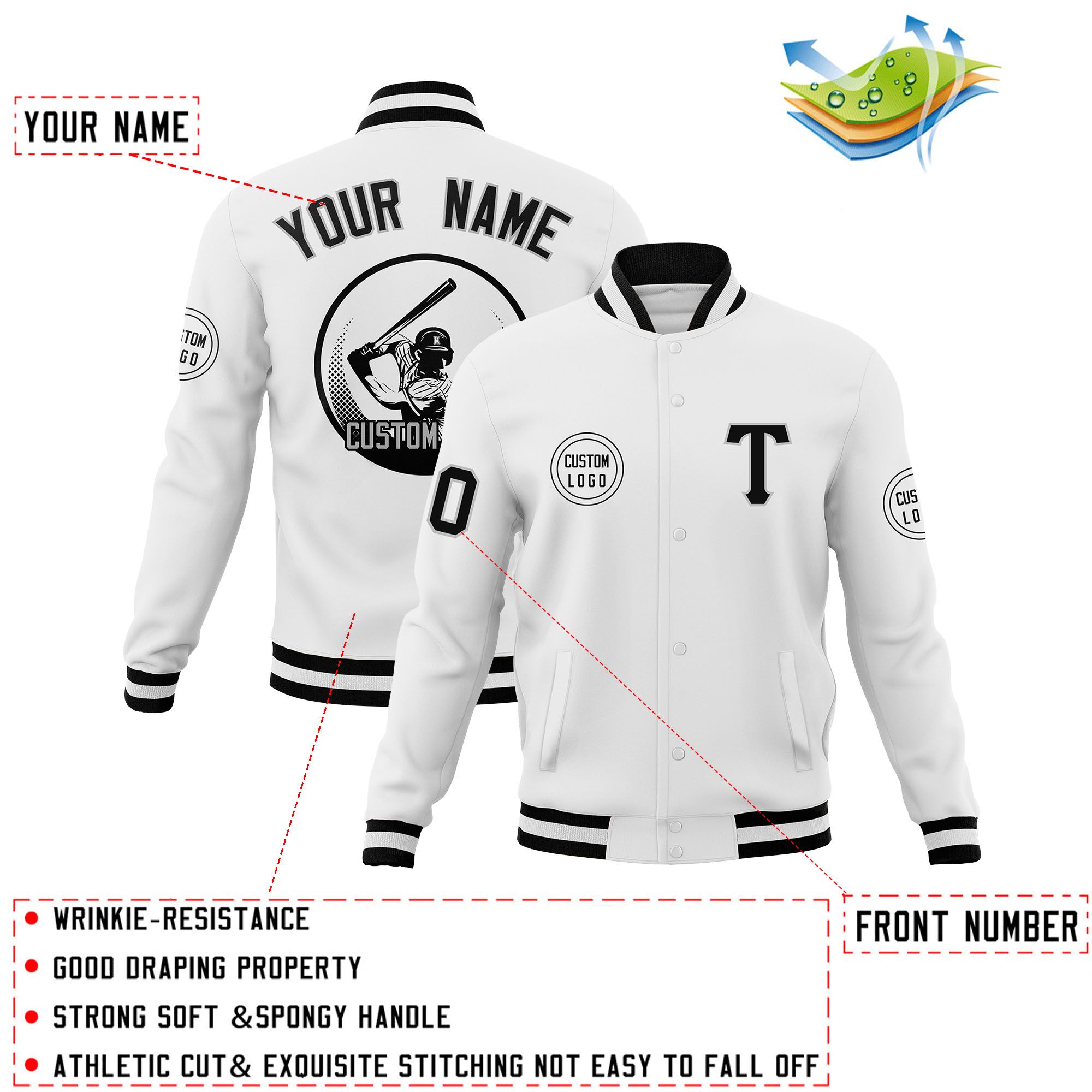 Custom White Full-Snap Varsity Personalized Letterman Baseball Coats Jacket