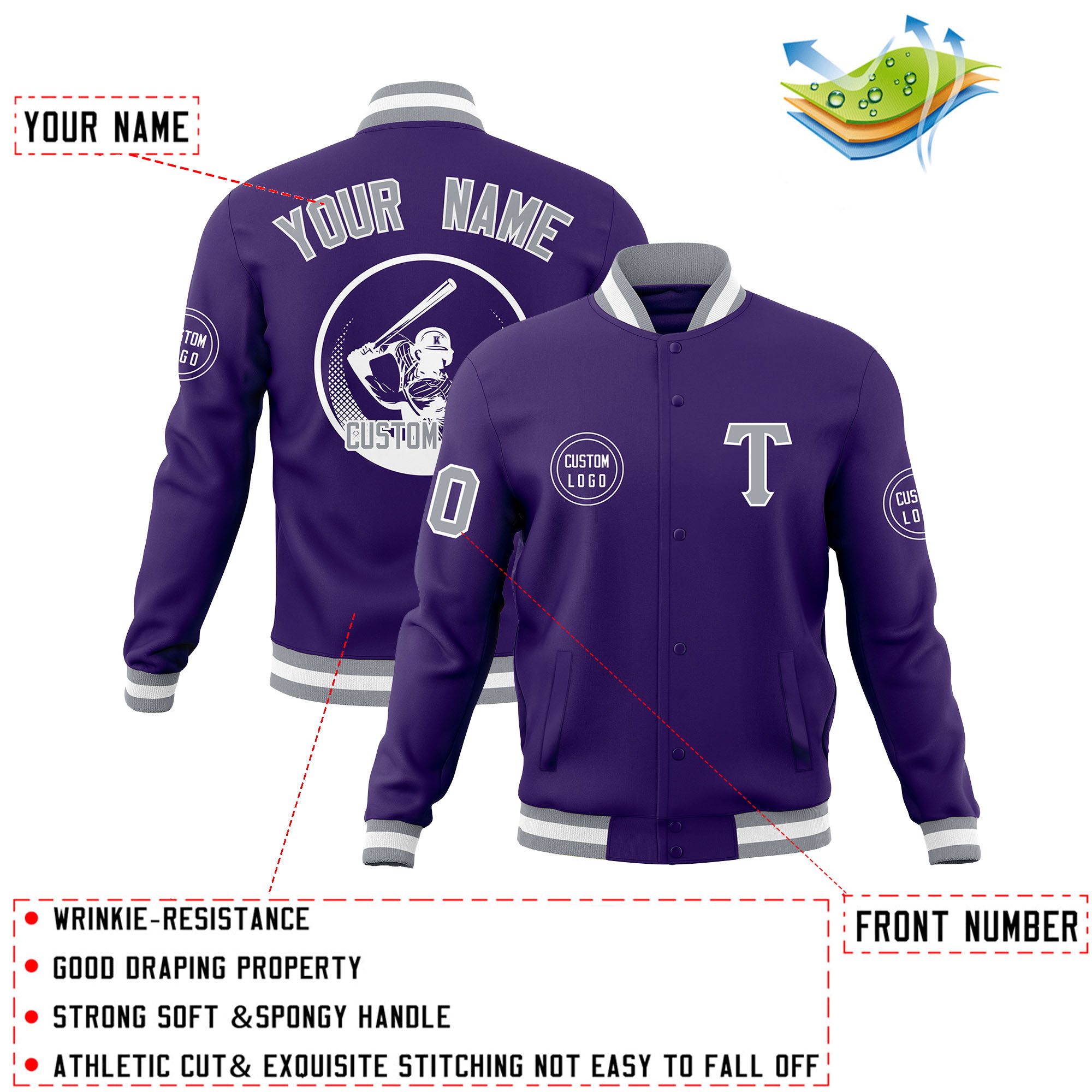 Custom Purple Full-Snap Varsity Personalized Letterman Baseball Coats Jacket