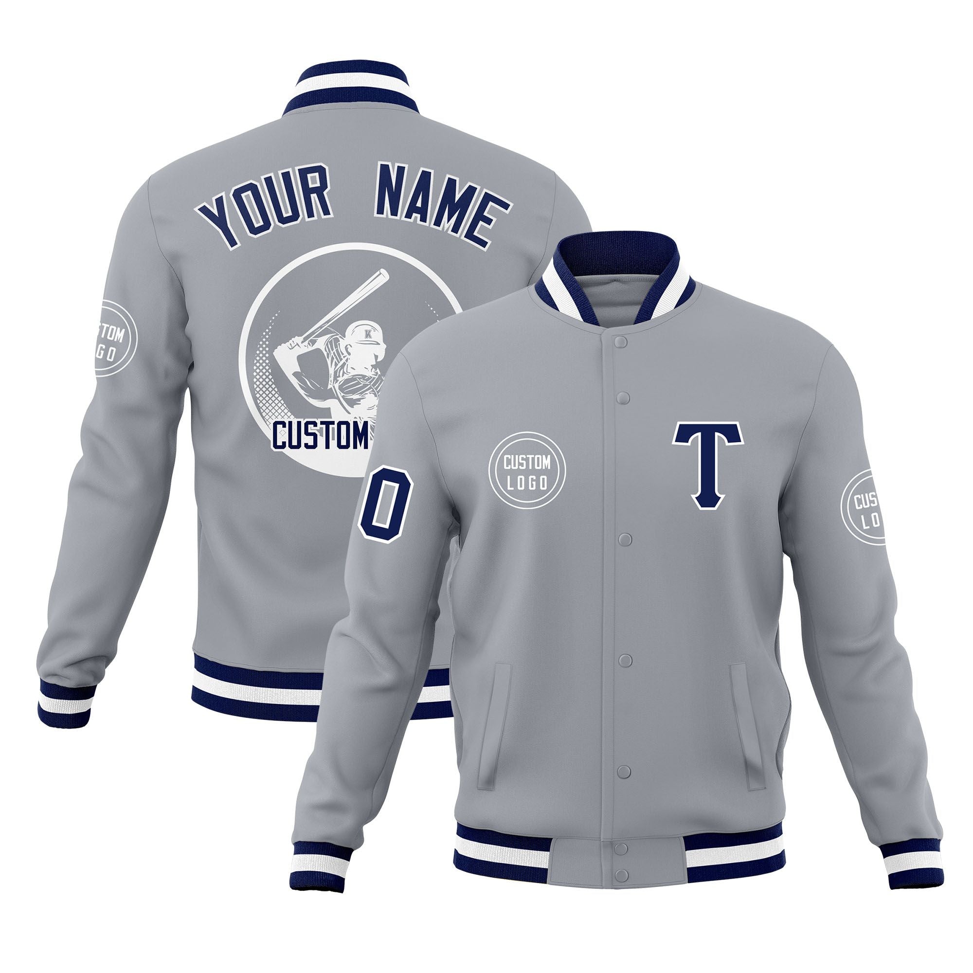 Custom Gray Full-Snap Varsity Personalized Letterman Baseball Coats Jacket