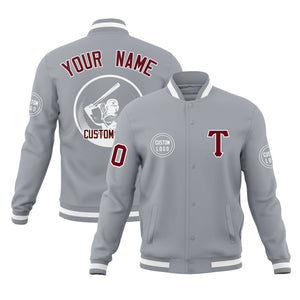 Custom Gray Full-Snap Varsity Personalized Letterman Baseball Coats Jacket