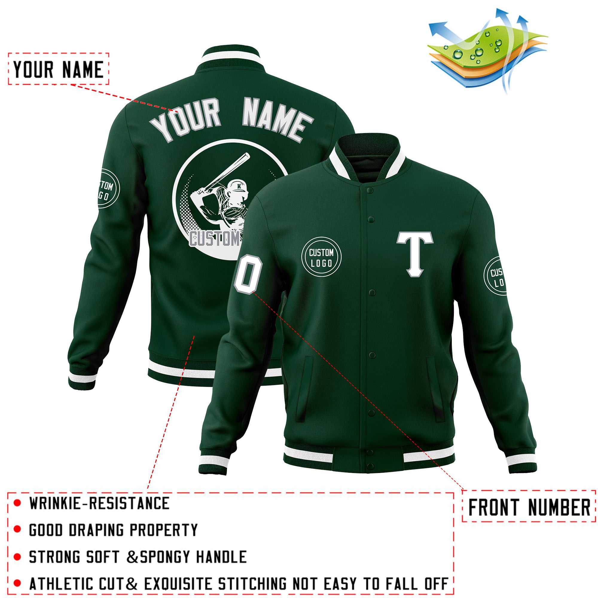 Custom Green Full-Snap Varsity Personalized Letterman Baseball Coats Jacket