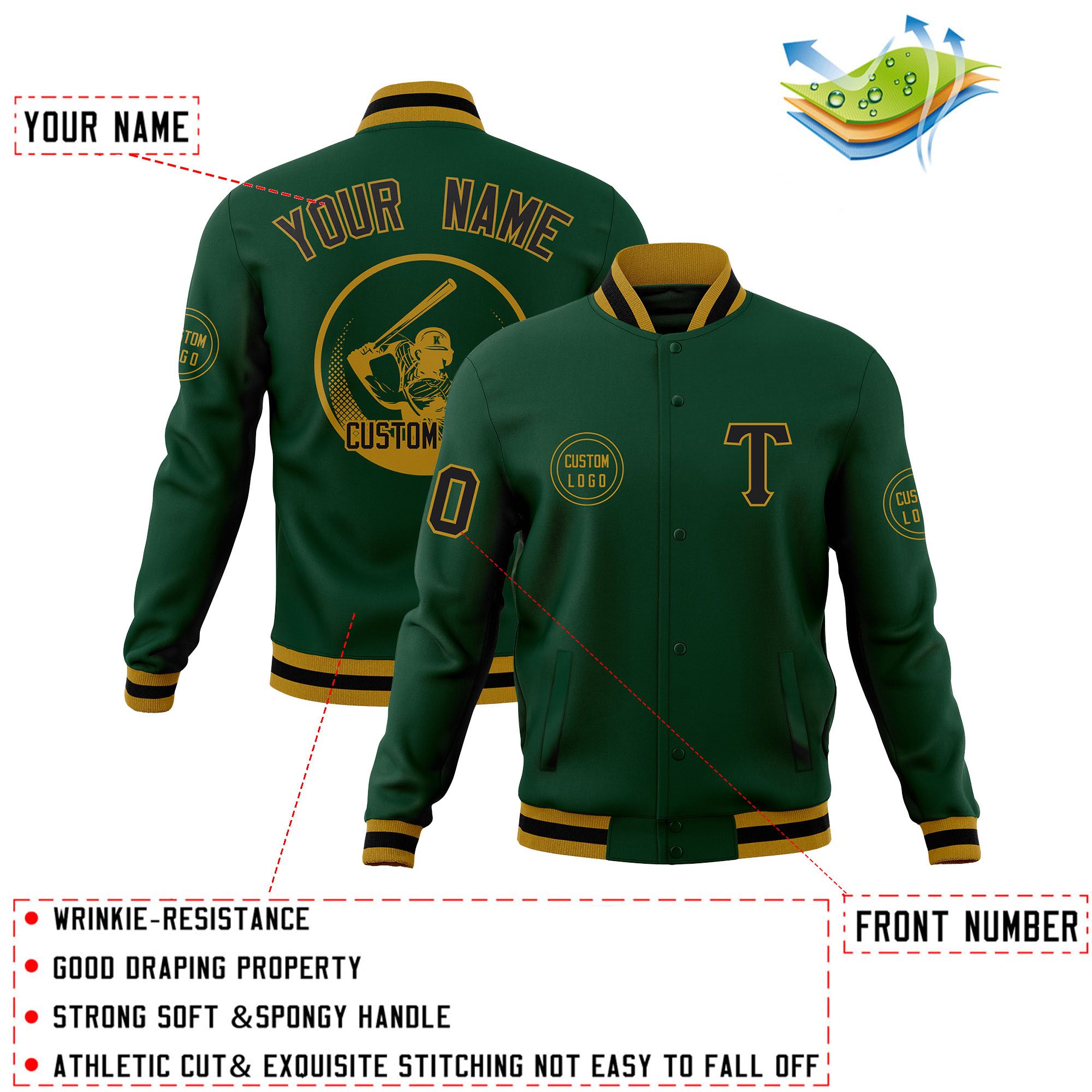 Custom Green Full-Snap Varsity Personalized Letterman Baseball Coats Jacket