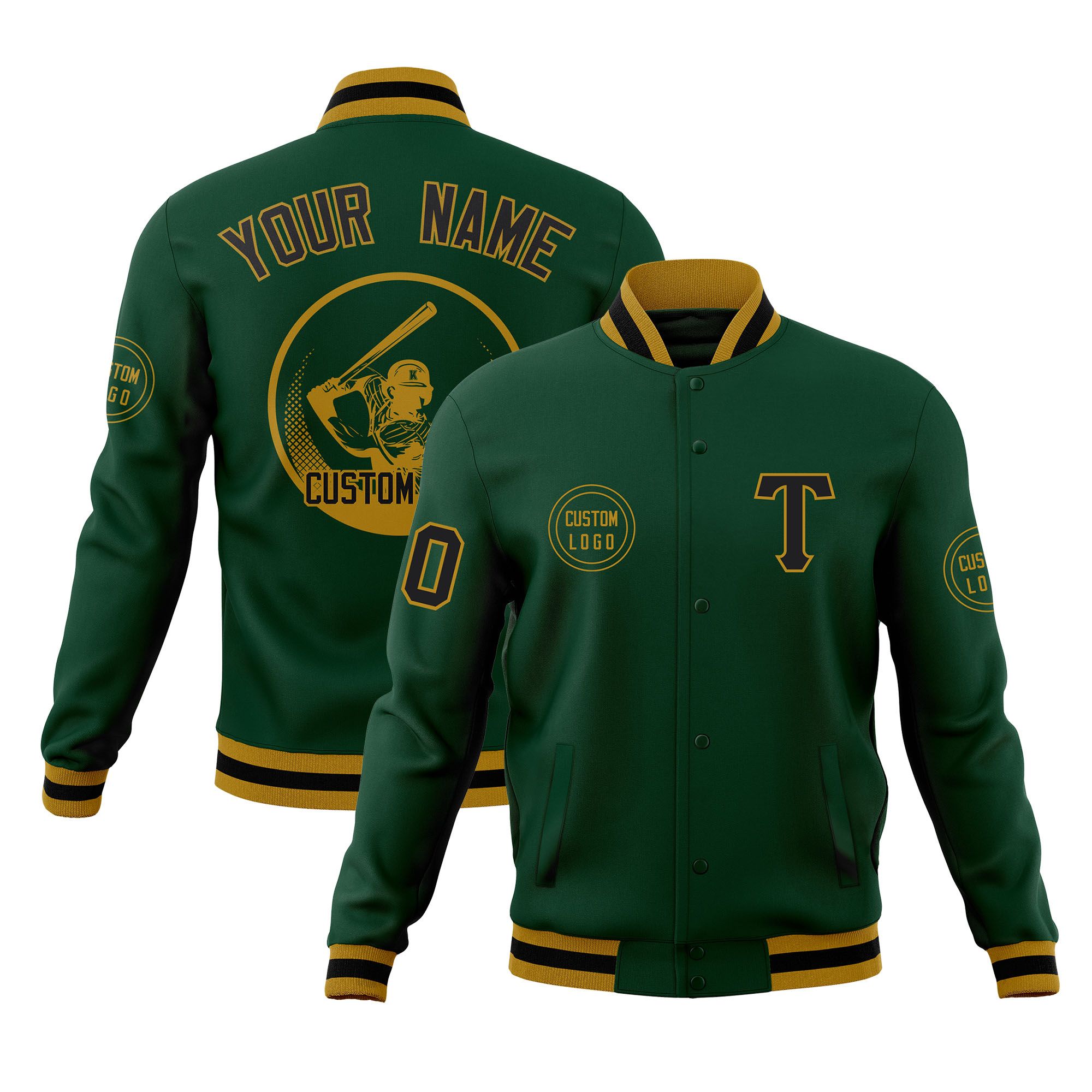 Custom Green Full-Snap Varsity Personalized Letterman Baseball Coats Jacket