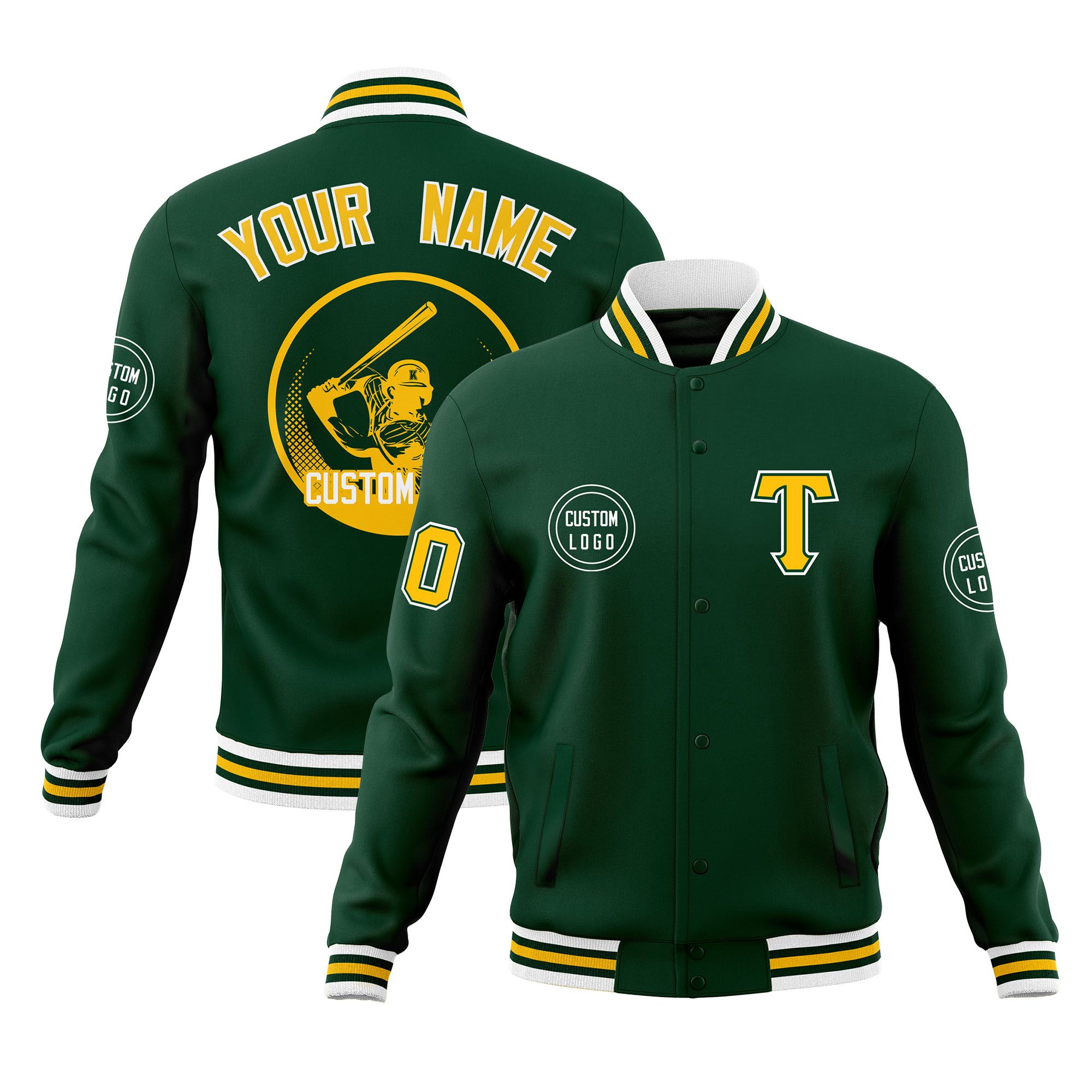 Custom Green Full-Snap Varsity Personalized Letterman Baseball Coats Jacket