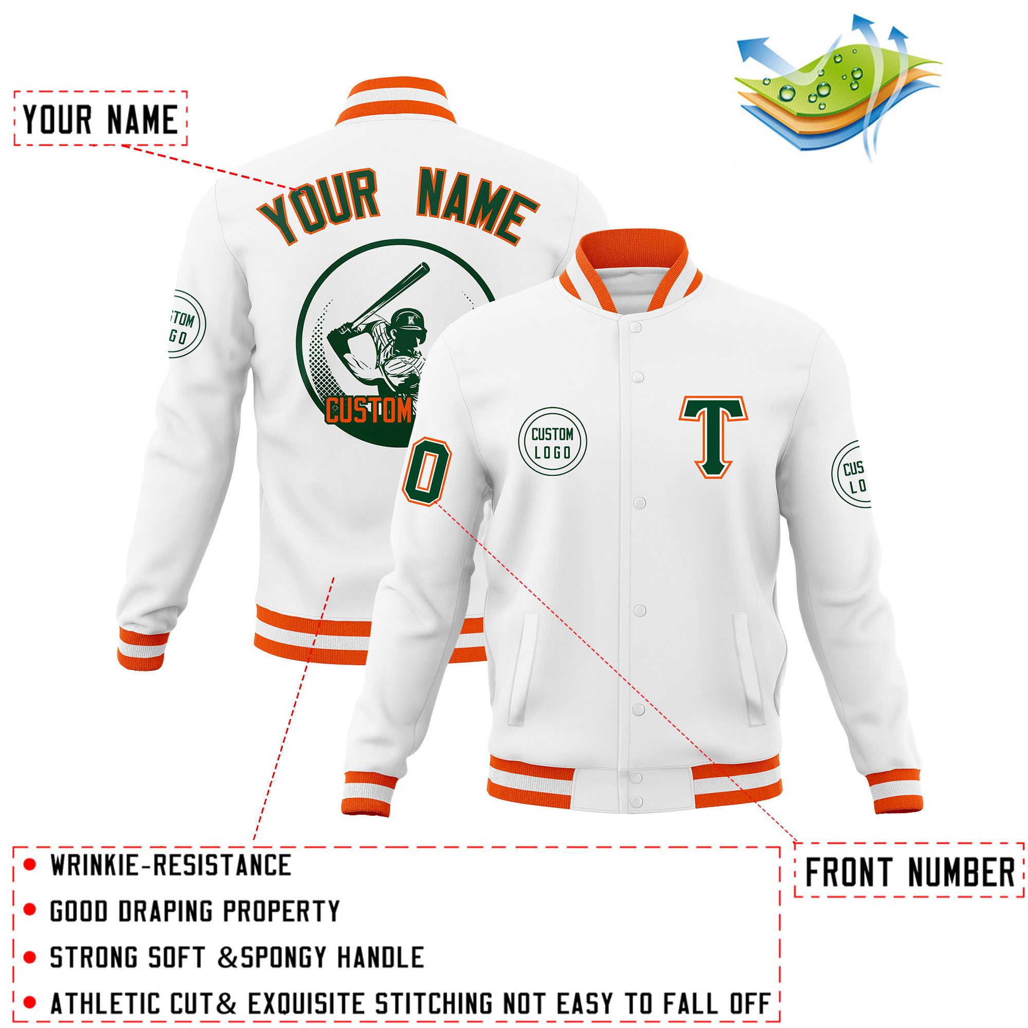 Custom White Full-Snap Varsity Personalized Letterman Baseball Coats Jacket