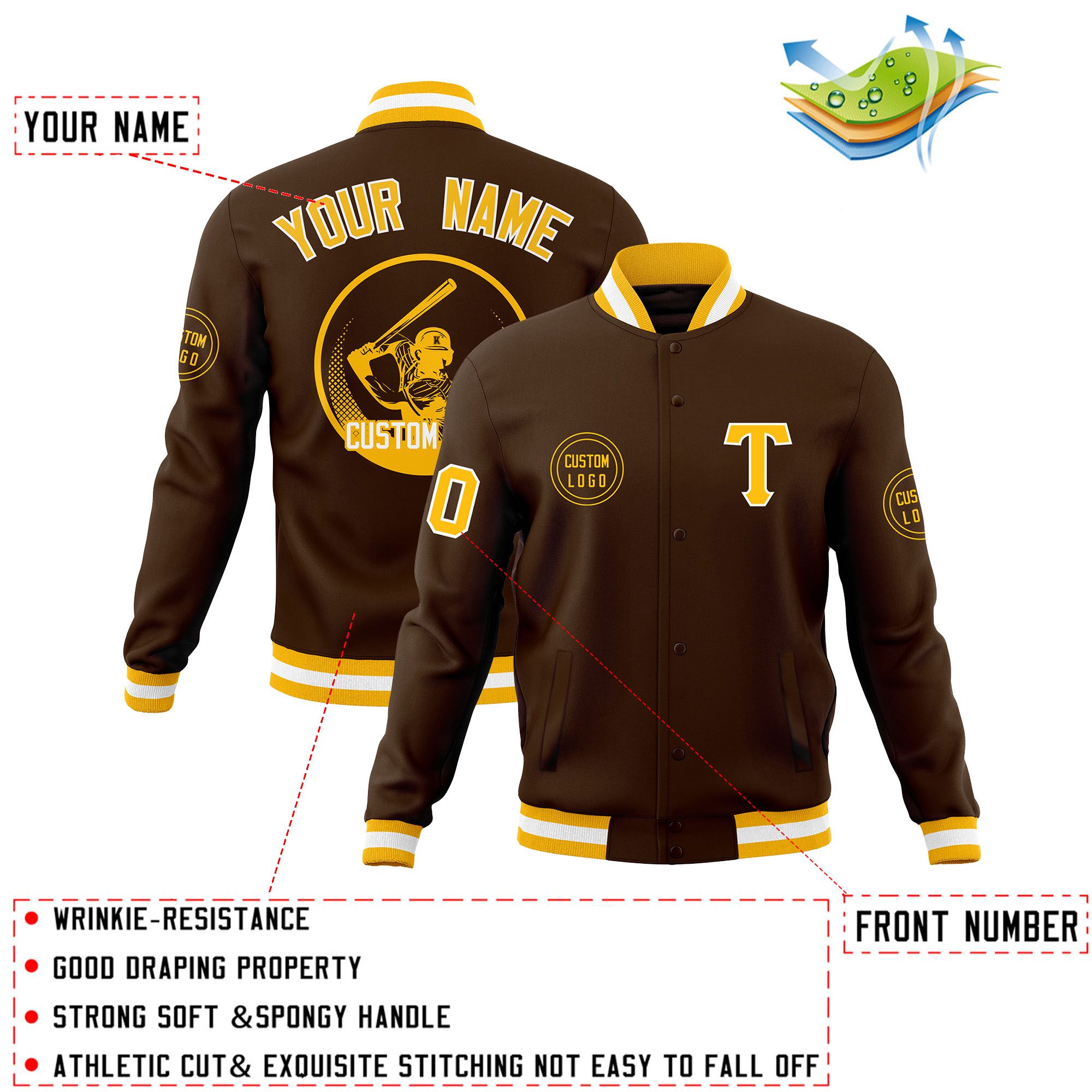 Custom Brown Full-Snap Varsity Personalized Letterman Baseball Coats Jacket