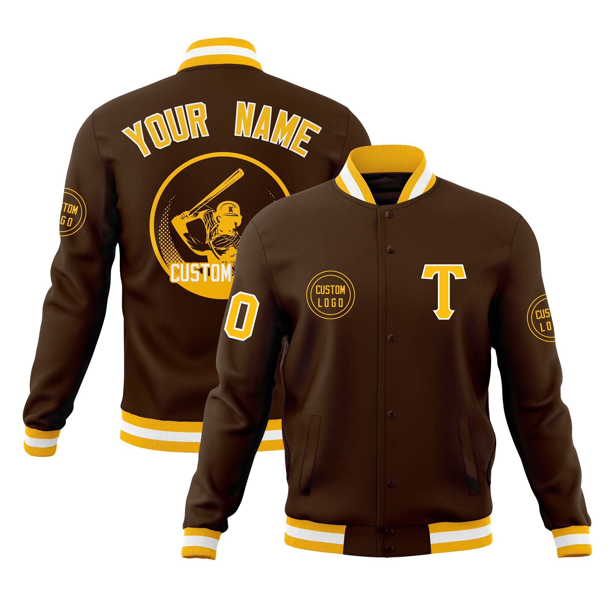 Custom Brown Full-Snap Varsity Personalized Letterman Baseball Coats Jacket