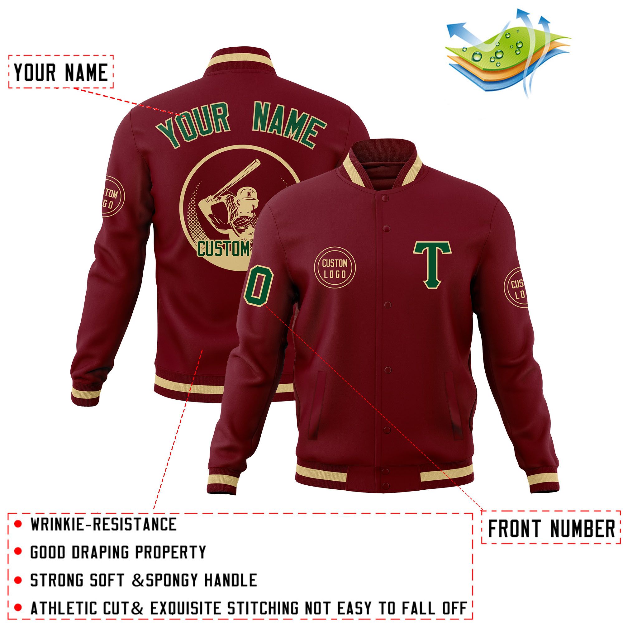 Custom Crimson Full-Snap Varsity Personalized Letterman Baseball Coats Jacket