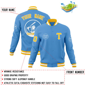 Custom Powder Blue Full-Snap Varsity Personalized Letterman Baseball Coats Jacket