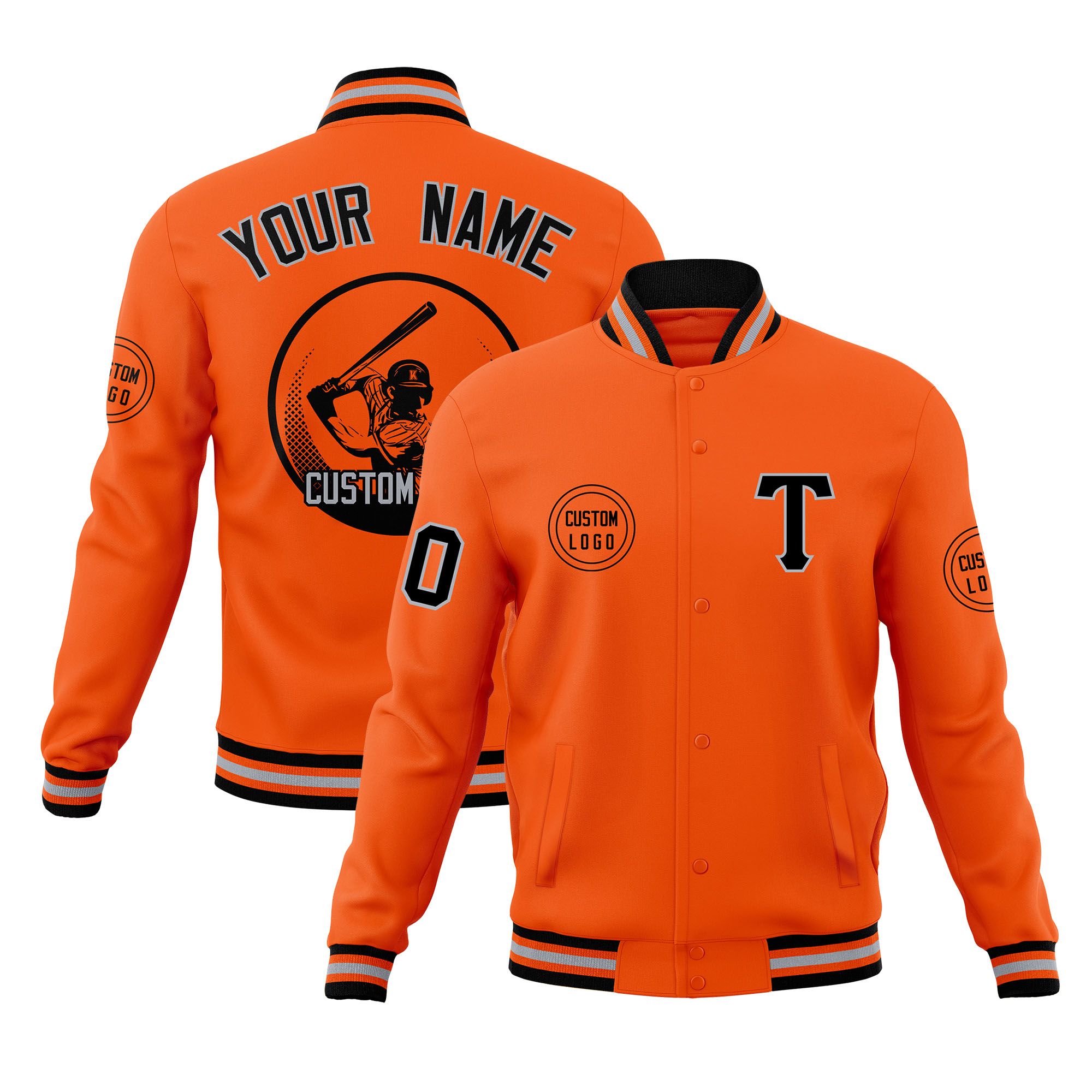 Custom Orange Full-Snap Varsity Personalized Letterman Baseball Coats Jacket