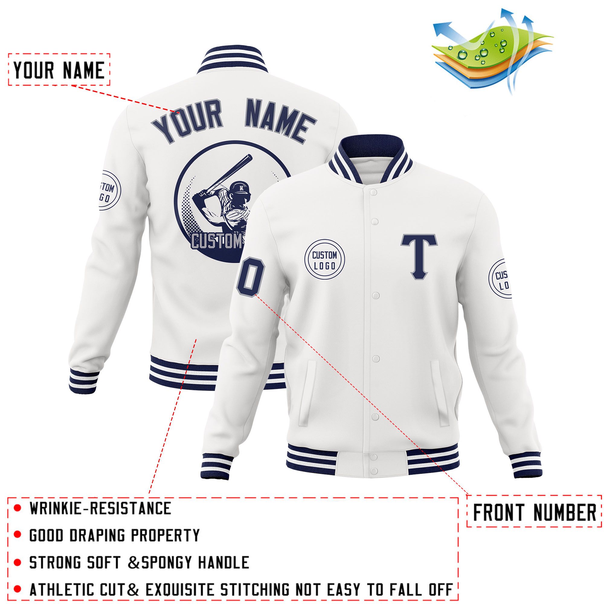 Custom White Full-Snap Varsity Personalized Letterman Baseball Coats Jacket