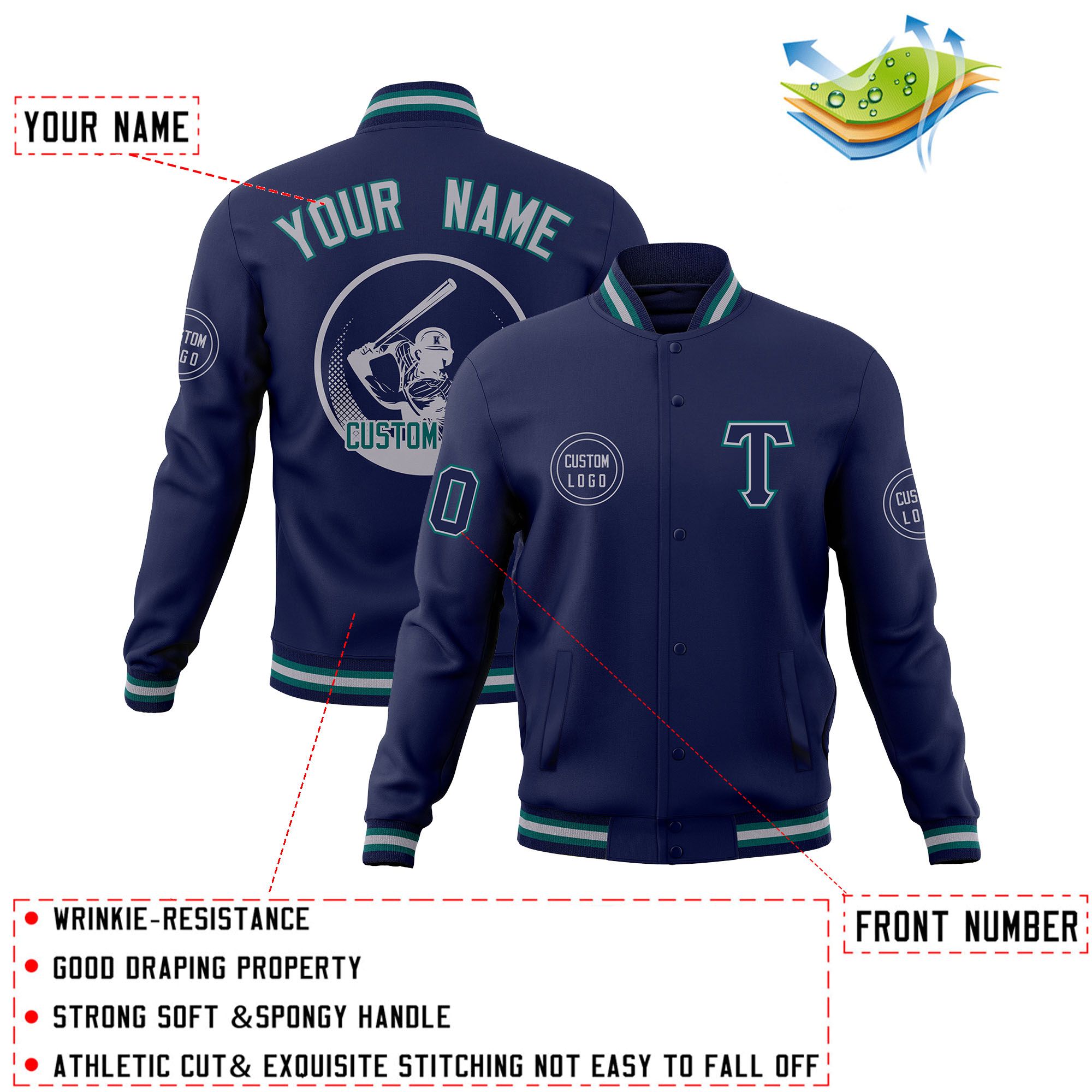 Custom Navy Full-Snap Varsity Personalized Letterman Baseball Coats Jacket