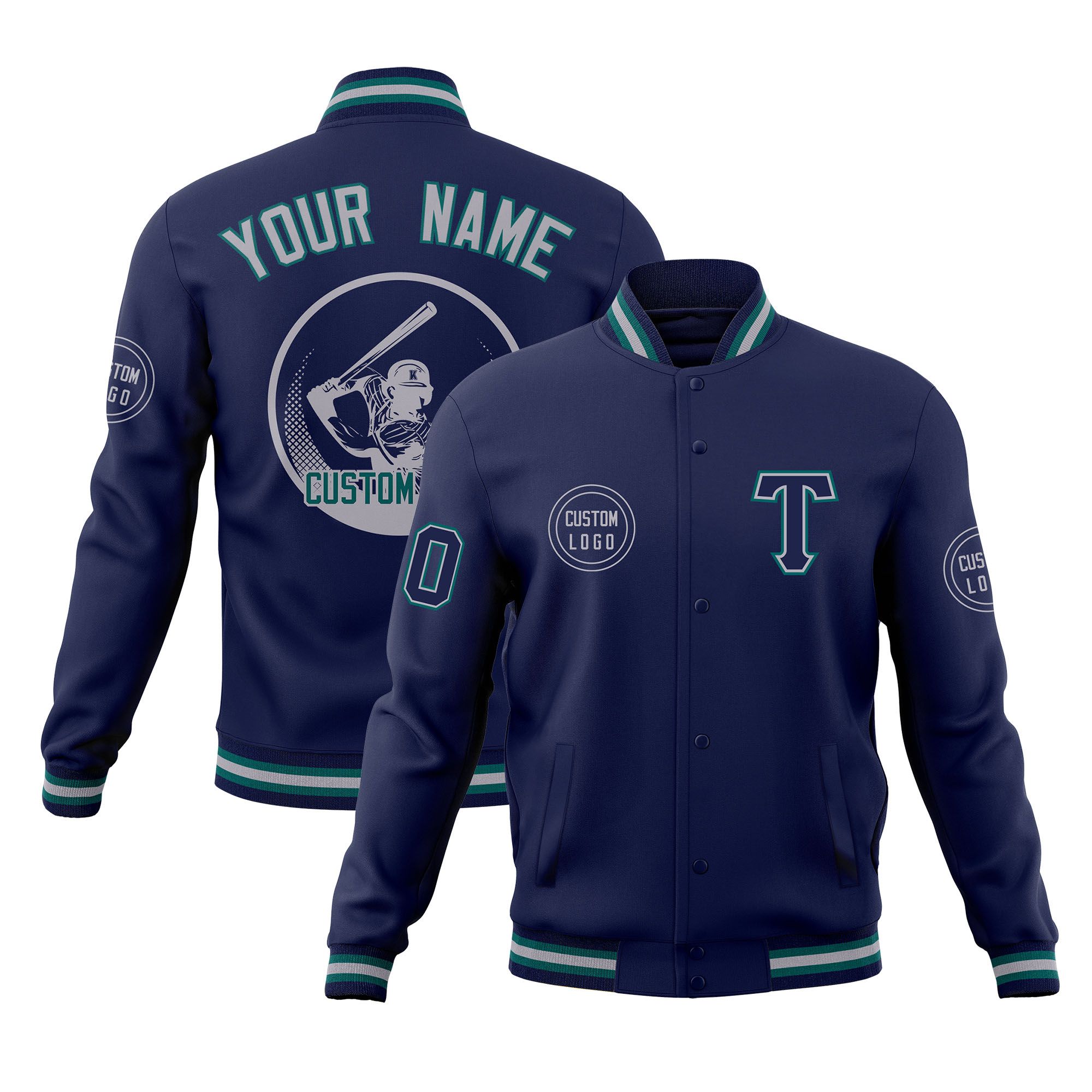 Custom Navy Full-Snap Varsity Personalized Letterman Baseball Coats Jacket