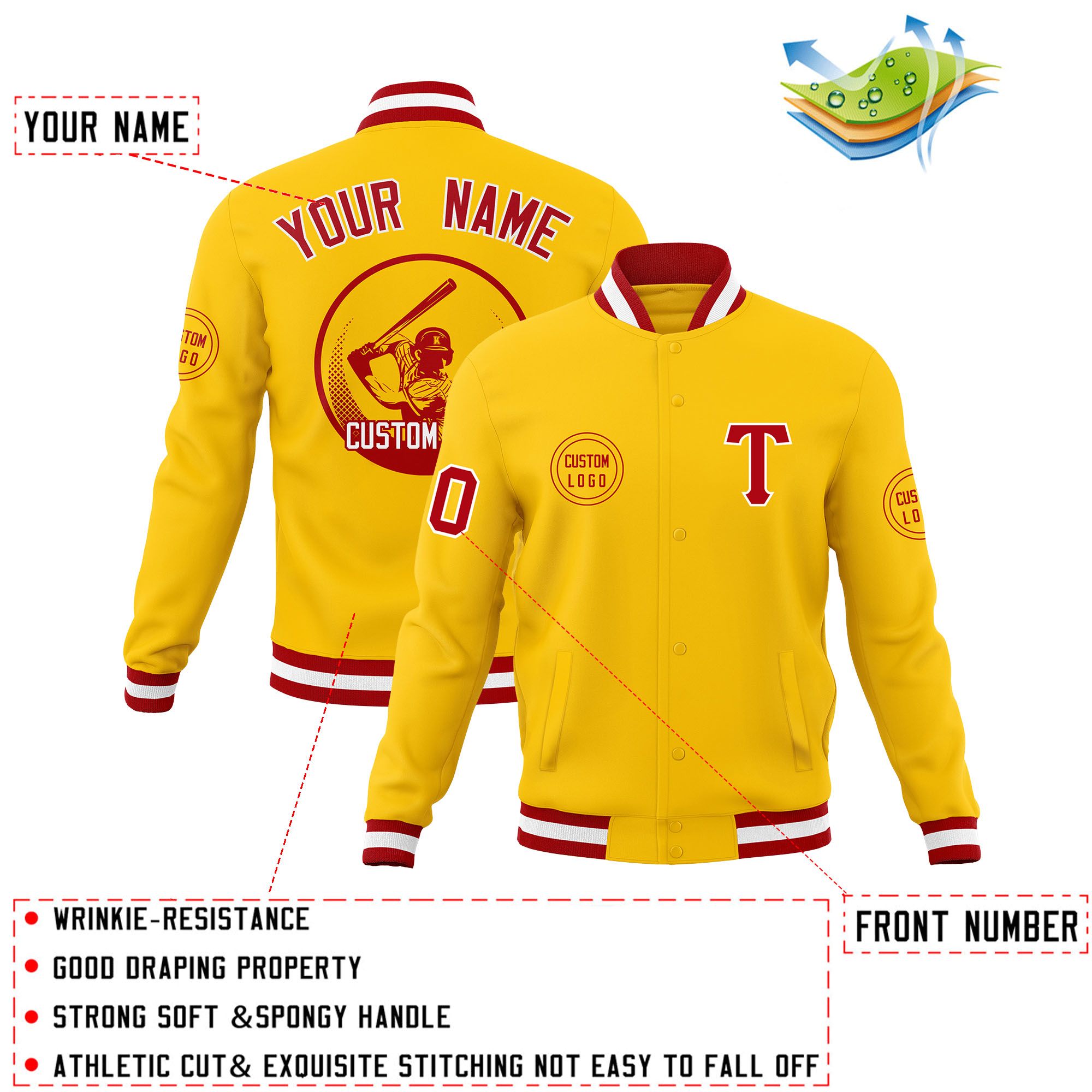 Custom Gold Full-Snap Varsity Personalized Letterman Baseball Coats Jacket