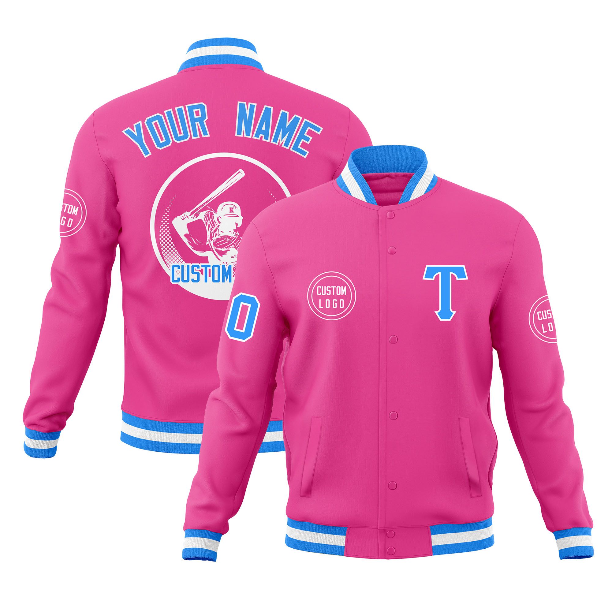 Custom Pink Full-Snap Varsity Personalized Letterman Baseball Coats Jacket